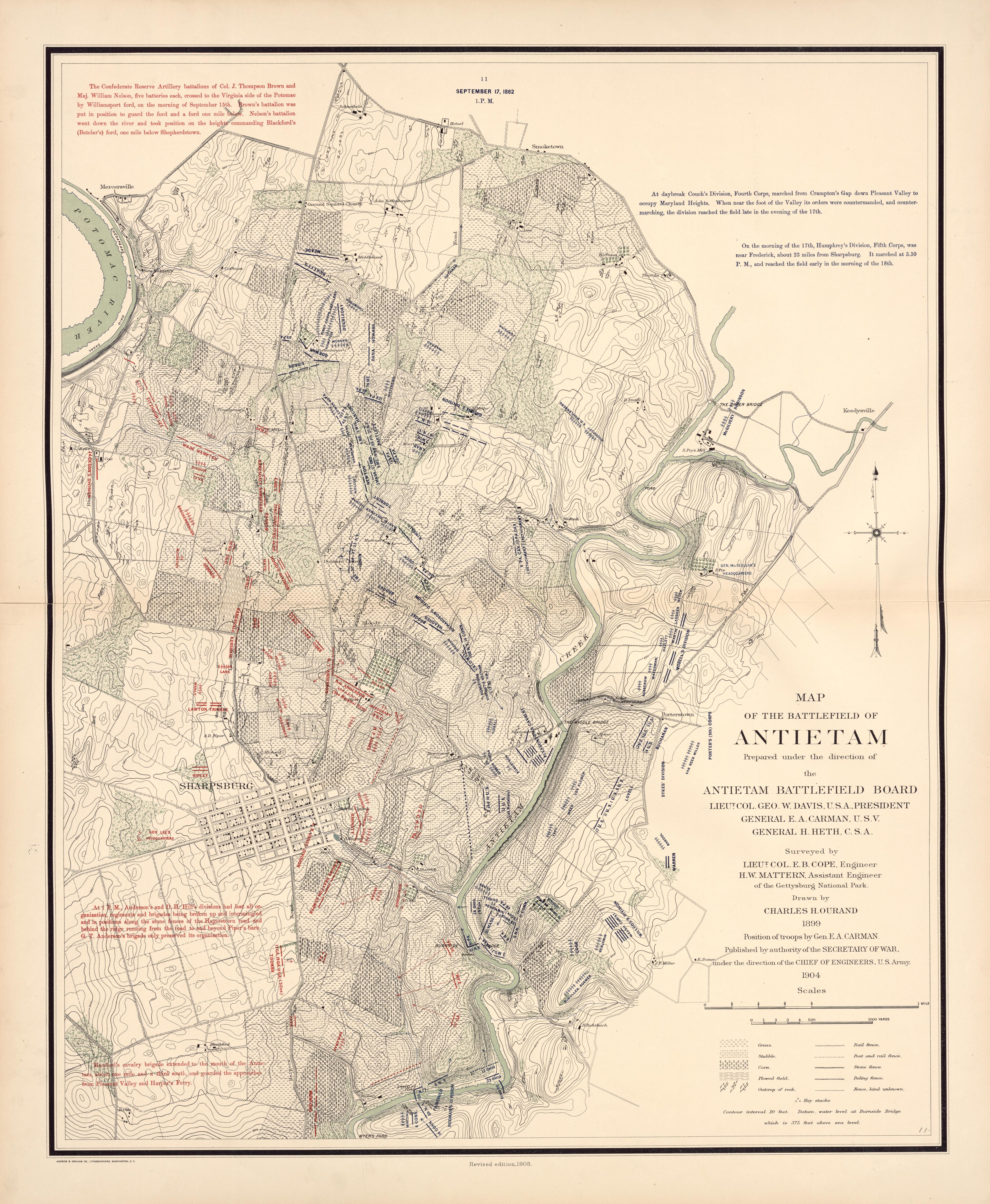 Map of the Battlefield of Antietam, Sept. 17th - 1:00PM from Atlas of the Battlefield of Antietam, Prepared Under the Direction of the Antietam Battlefield Board, Lieut. Col. Geo. W. Davis, U.S.A., President, Gen. E.A. Carman, U.S.V., Gen. H Heth, C.S... by Relic Map Company