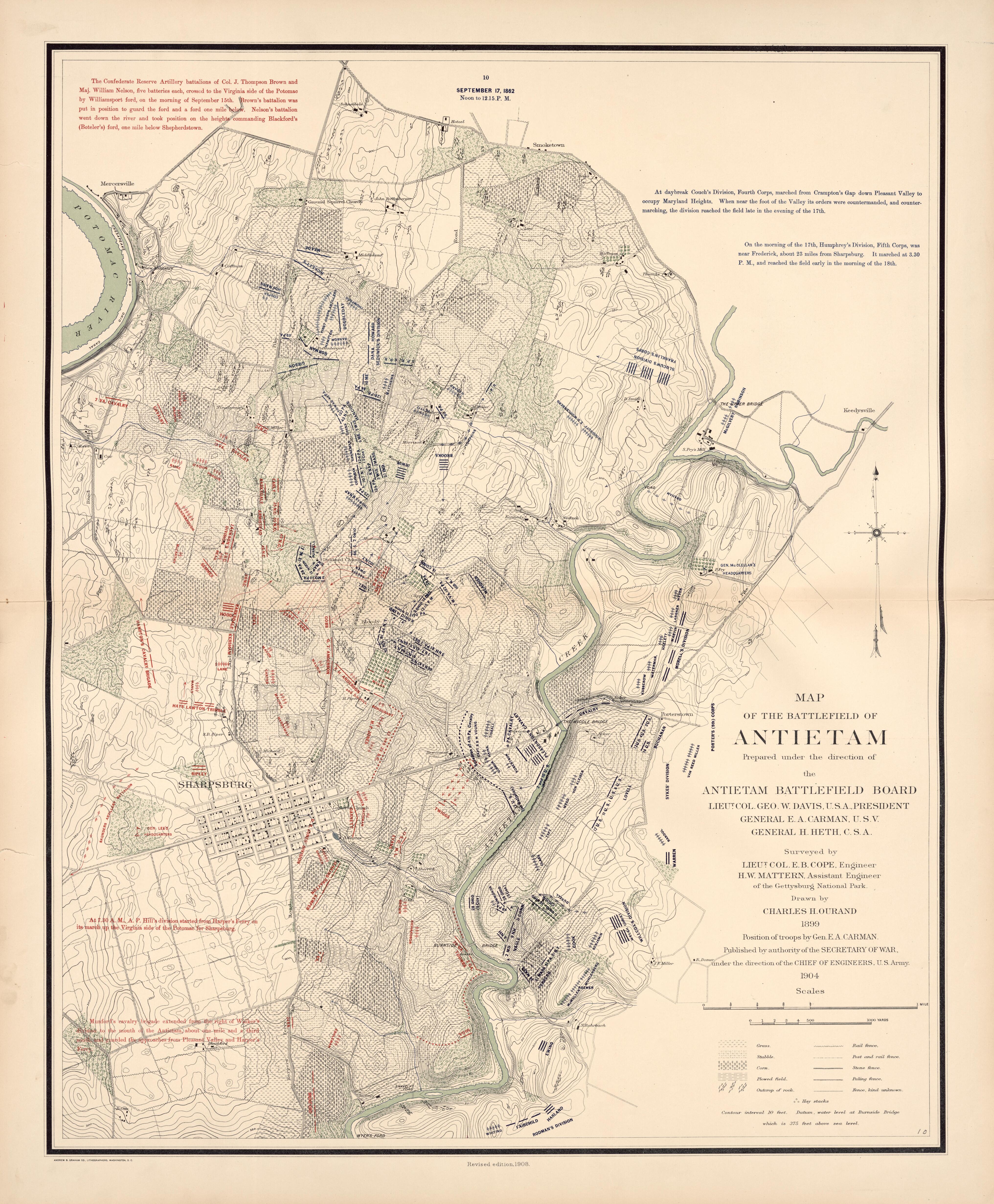 Map of the Battlefield of Antietam, Sept. 17th - 12:00-12:15PM from Atlas of the Battlefield of Antietam, Prepared Under the Direction of the Antietam Battlefield Board, Lieut. Col. Geo. W. Davis, U.S.A., President, Gen. E.A. Carman, U.S.V., Gen. H He... by Relic Map Company
