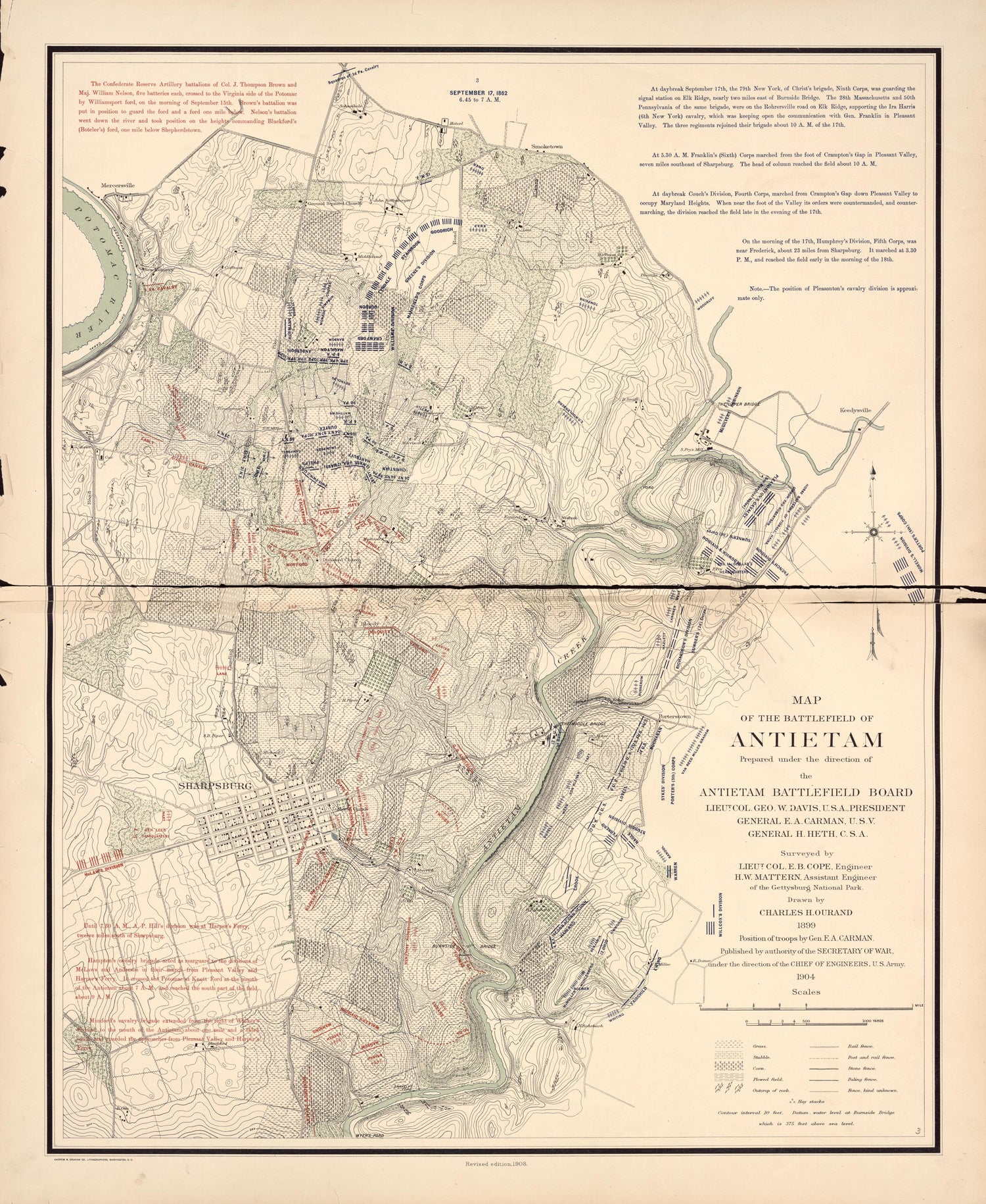 Map of the Battlefield of Antietam, Sept. 17th - 6:45-7:00AM from Atlas of the Battlefield of Antietam, Prepared Under the Direction of the Antietam Battlefield Board, Lieut. Col. Geo. W. Davis, U.S.A., President, Gen. E.A. Carman, U.S.V., Gen. H Heth... by Relic Map Company