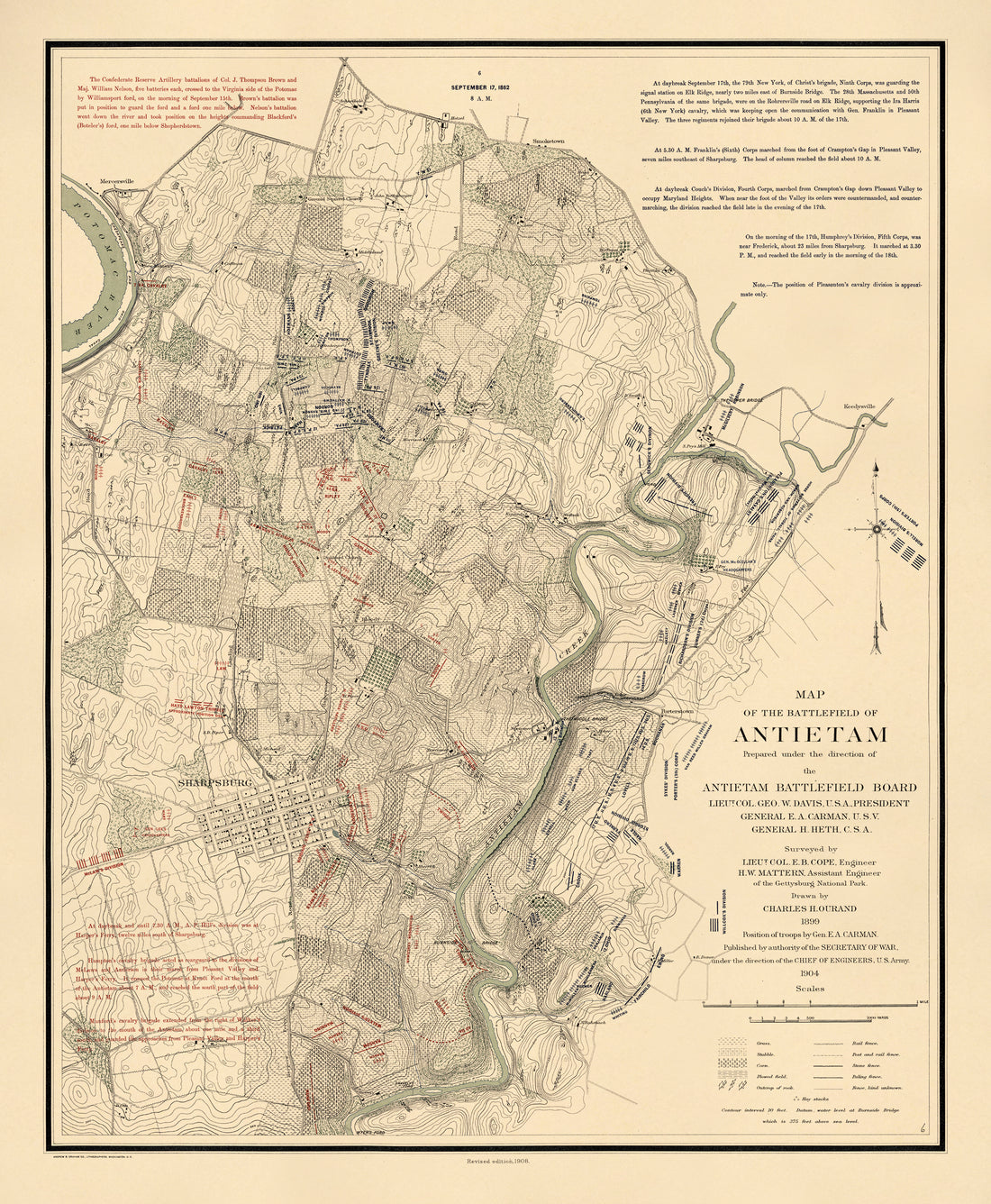 Map of the Battlefield of Antietam, Sept. 17th - 8:00AM from Atlas of the Battlefield of Antietam, Prepared Under the Direction of the Antietam Battlefield Board, Lieut. Col. Geo. W. Davis, U.S.A., President, Gen. E.A. Carman, U.S.V., Gen. H Heth, C.S...