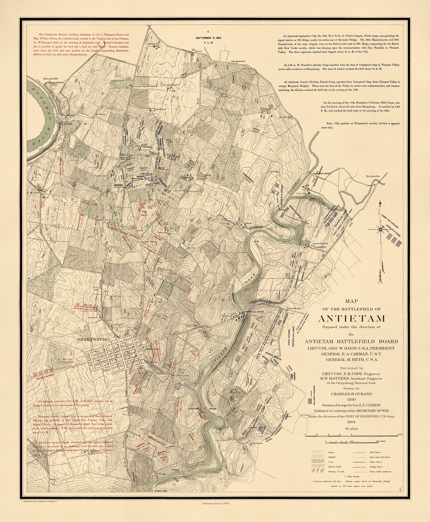 Map of the Battlefield of Antietam, Sept. 17th - 8:00AM from Atlas of the Battlefield of Antietam, Prepared Under the Direction of the Antietam Battlefield Board, Lieut. Col. Geo. W. Davis, U.S.A., President, Gen. E.A. Carman, U.S.V., Gen. H Heth, C.S...