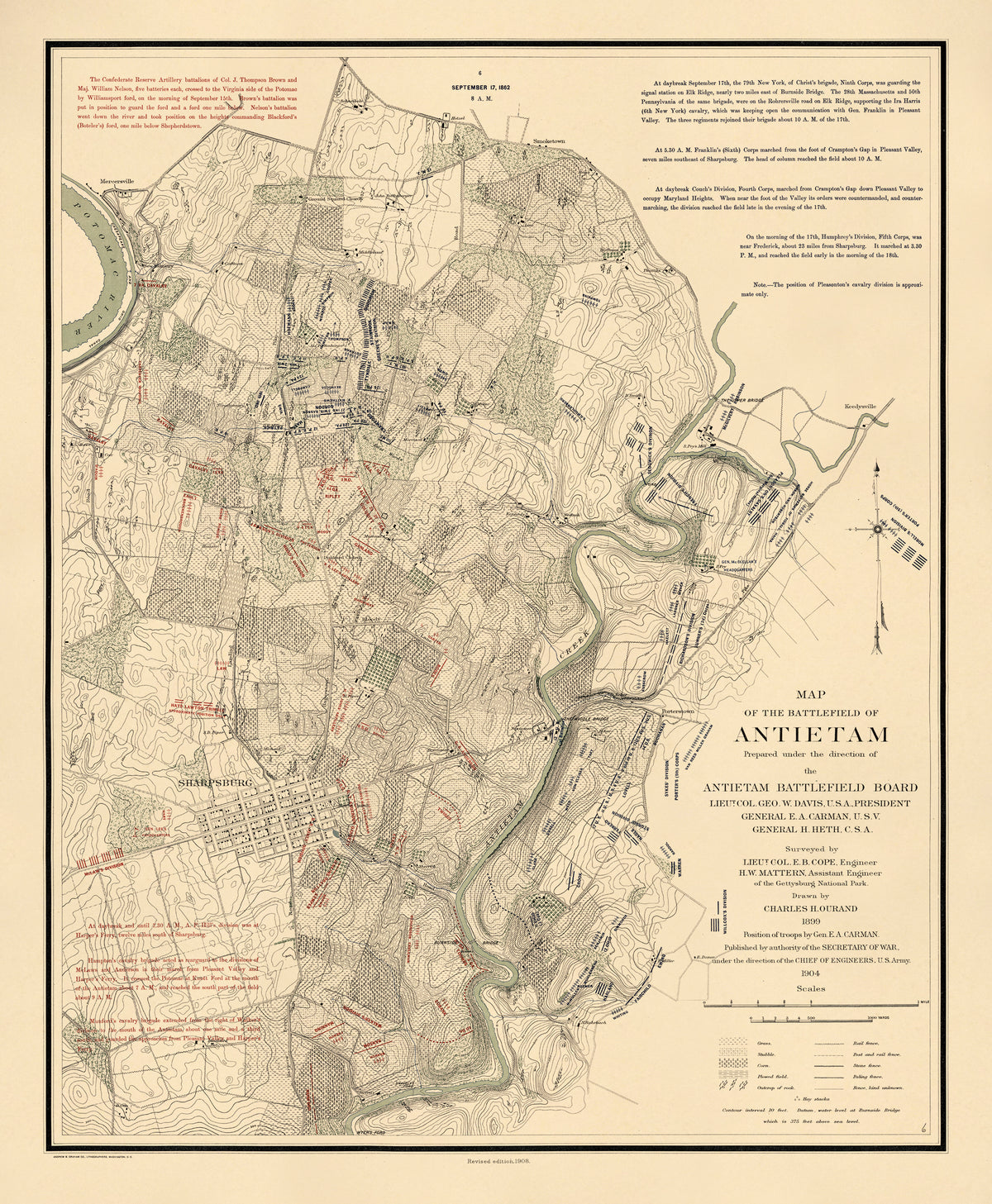 Map of the Battlefield of Antietam, Sept. 17th - 8:00AM from Atlas of the Battlefield of Antietam, Prepared Under the Direction of the Antietam Battlefield Board, Lieut. Col. Geo. W. Davis, U.S.A., President, Gen. E.A. Carman, U.S.V., Gen. H Heth, C.S...