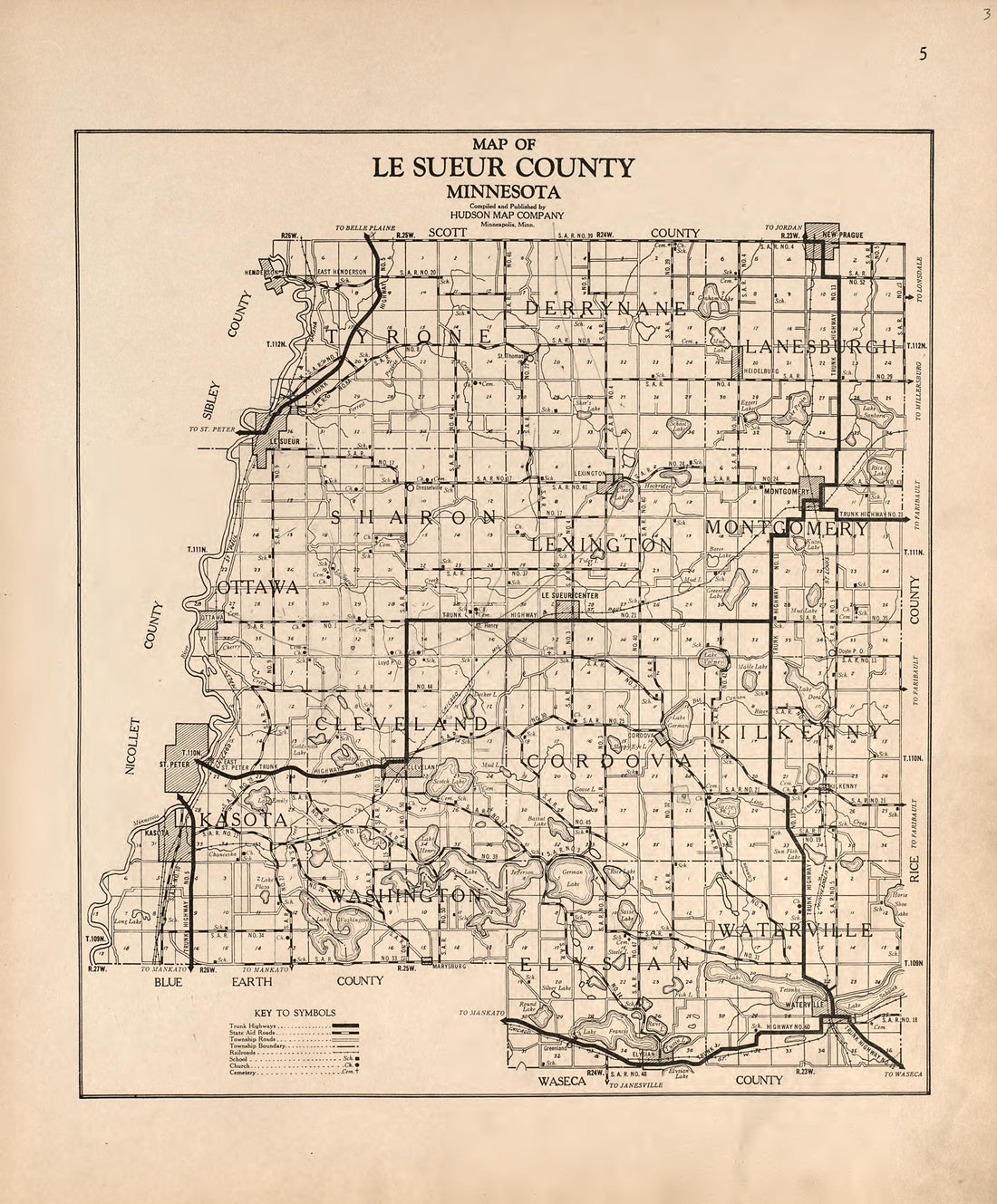 Map of Le Sueur County, Minnesota from Plat Book of Le Sueur County, Minnesota : Showing Township Plats, City and Village Plats, Sub-division Plats, County Map, Government Surveys, Patrons Directory, Minnesota History, County Officers, City and Villag... by Relic Map Company