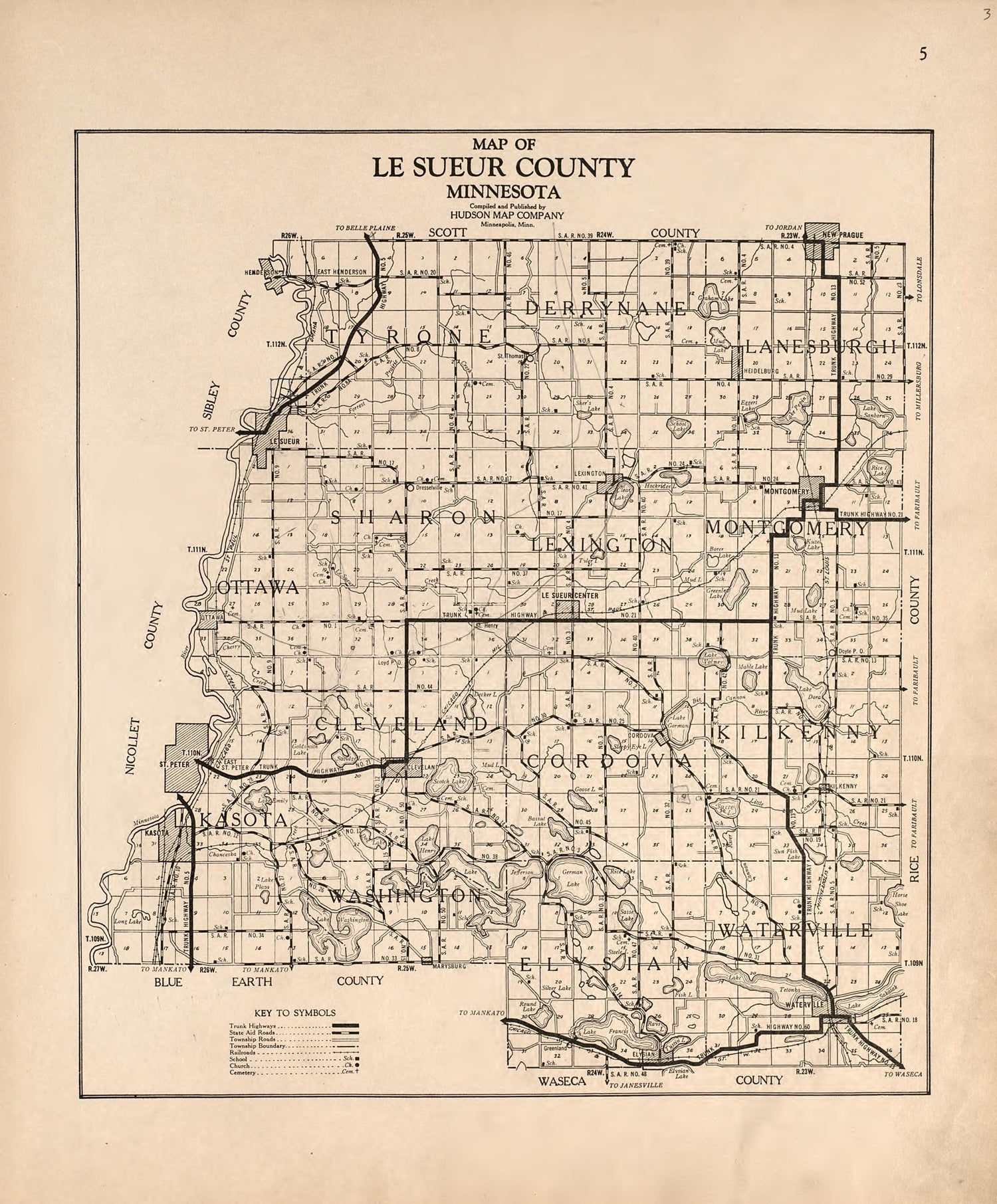 Map of Le Sueur County, Minnesota from Plat Book of Le Sueur County, Minnesota : Showing Township Plats, City and Village Plats, Sub-division Plats, County Map, Government Surveys, Patrons Directory, Minnesota History, County Officers, City and Villag... by Relic Map Company