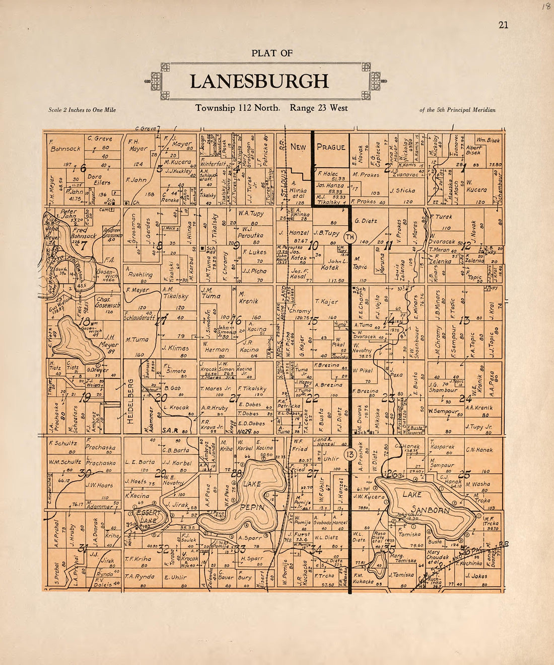 Plat of Lanesburgh from Plat Book of Le Sueur County, Minnesota : Showing Township Plats, City and Village Plats, Sub-division Plats, County Map, Government Surveys, Patrons Directory, Minnesota History, County Officers, City and Village Officers, Etc... by Relic Map Company