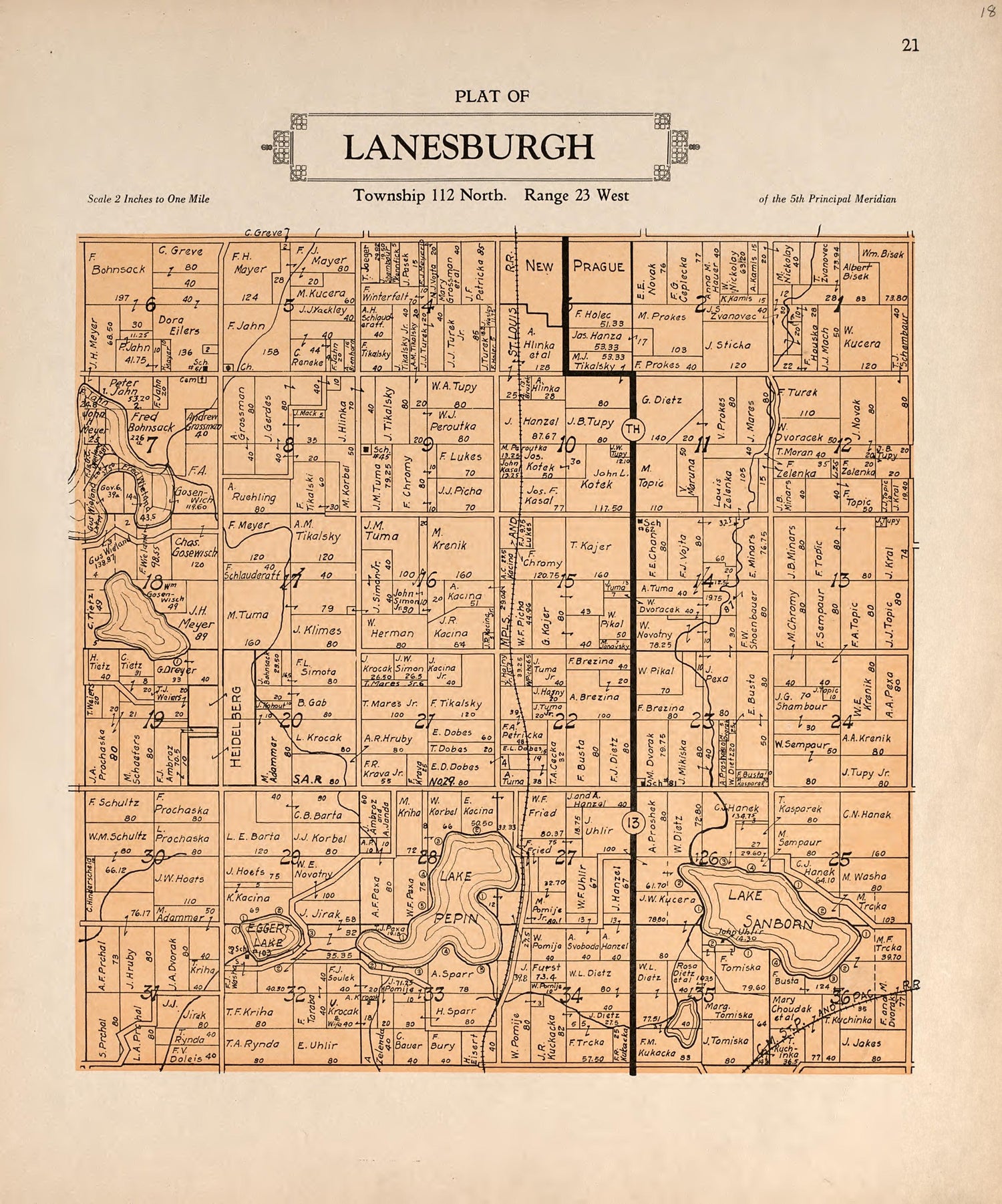 Plat of Lanesburgh from Plat Book of Le Sueur County, Minnesota : Showing Township Plats, City and Village Plats, Sub-division Plats, County Map, Government Surveys, Patrons Directory, Minnesota History, County Officers, City and Village Officers, Etc... by Relic Map Company