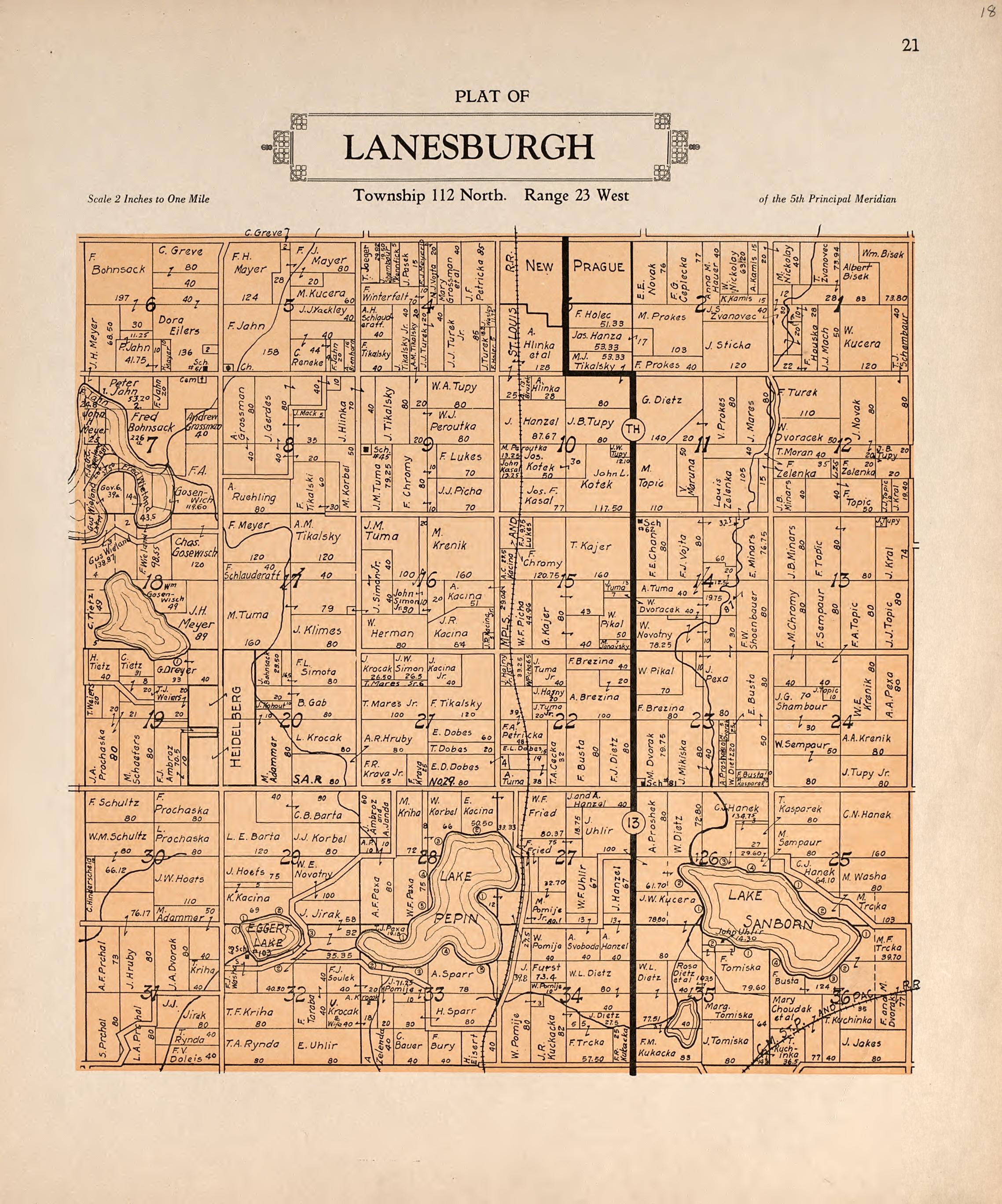 Plat of Lanesburgh from Plat Book of Le Sueur County, Minnesota : Showing Township Plats, City and Village Plats, Sub-division Plats, County Map, Government Surveys, Patrons Directory, Minnesota History, County Officers, City and Village Officers, Etc... by Relic Map Company