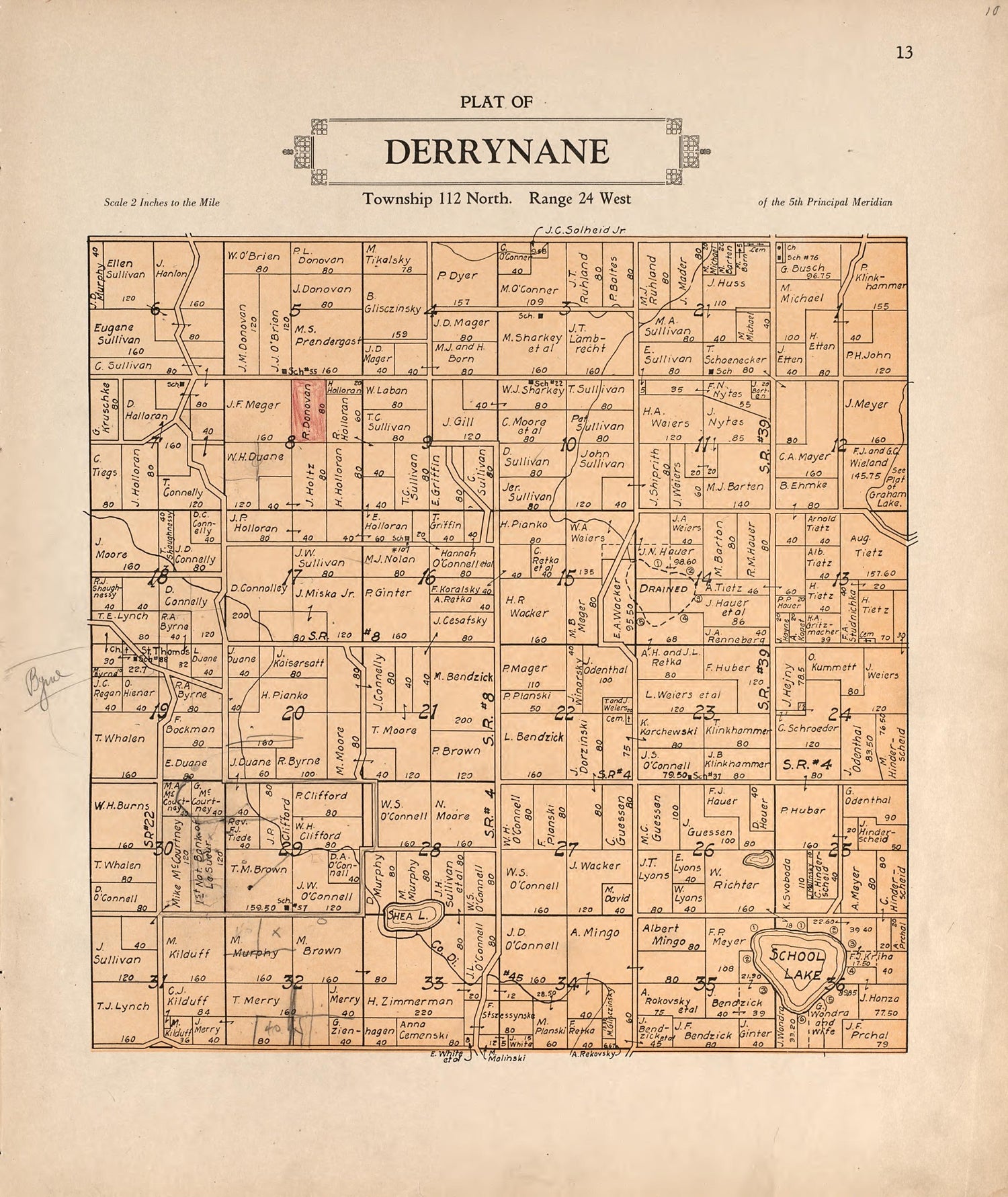 Plat of Derrynane from Plat Book of Le Sueur County, Minnesota : Showing Township Plats, City and Village Plats, Sub-division Plats, County Map, Government Surveys, Patrons Directory, Minnesota History, County Officers, City and Village Officers, Etc 1928 by Relic Map Company
