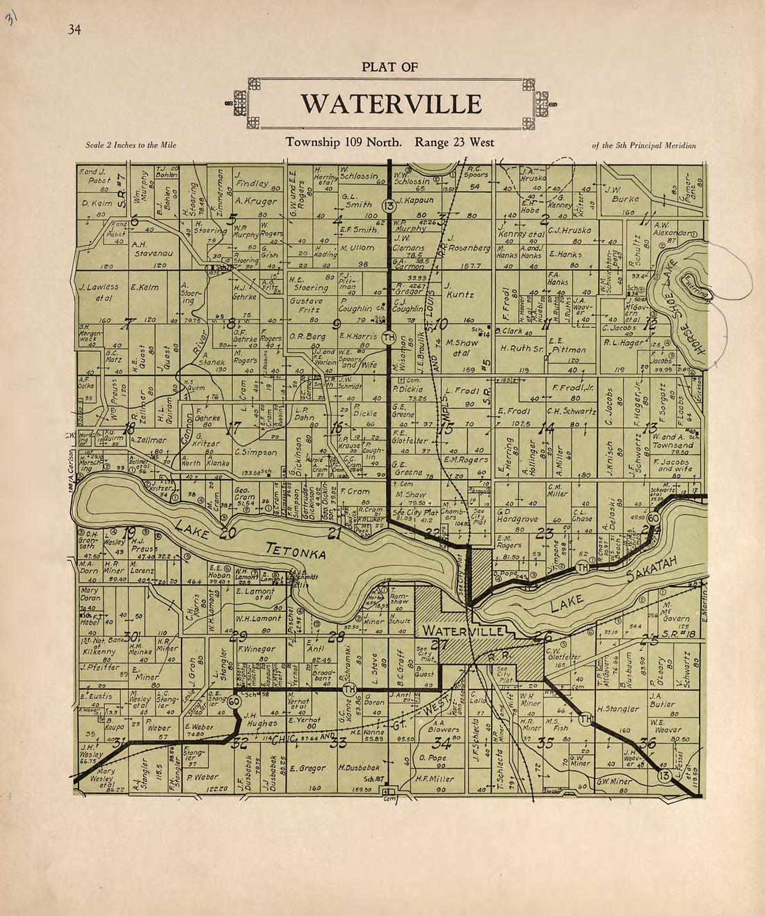 Plat of Waterville from Plat Book of Le Sueur County, Minnesota : Showing Township Plats, City and Village Plats, Sub-division Plats, County Map, Government Surveys, Patrons Directory, Minnesota History, County Officers, City and Village Officers, Etc... by Relic Map Company