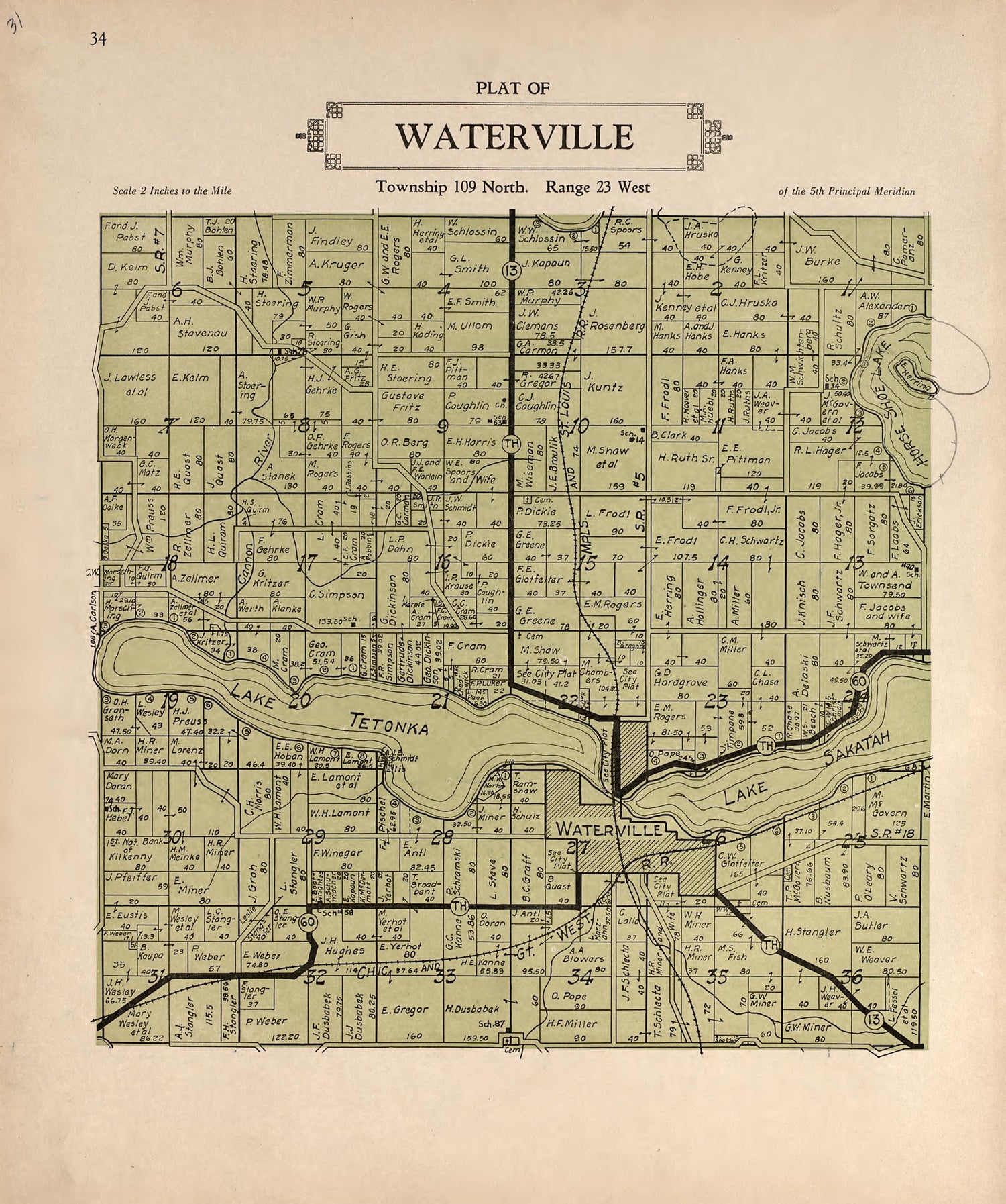 Plat of Waterville from Plat Book of Le Sueur County, Minnesota : Showing Township Plats, City and Village Plats, Sub-division Plats, County Map, Government Surveys, Patrons Directory, Minnesota History, County Officers, City and Village Officers, Etc... by Relic Map Company