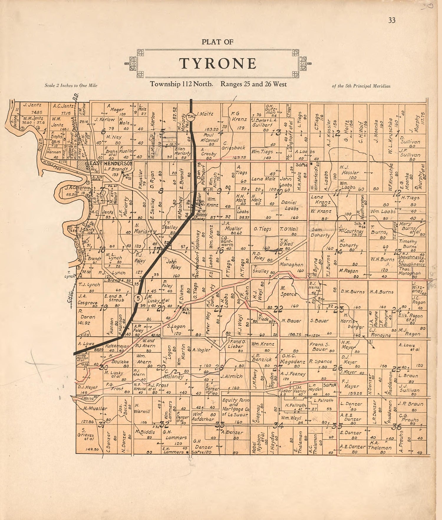 Plat of Tyrone from Plat Book of Le Sueur County, Minnesota : Showing Township Plats, City and Village Plats, Sub-division Plats, County Map, Government Surveys, Patrons Directory, Minnesota History, County Officers, City and Village Officers, Etc 1928 by Relic Map Company
