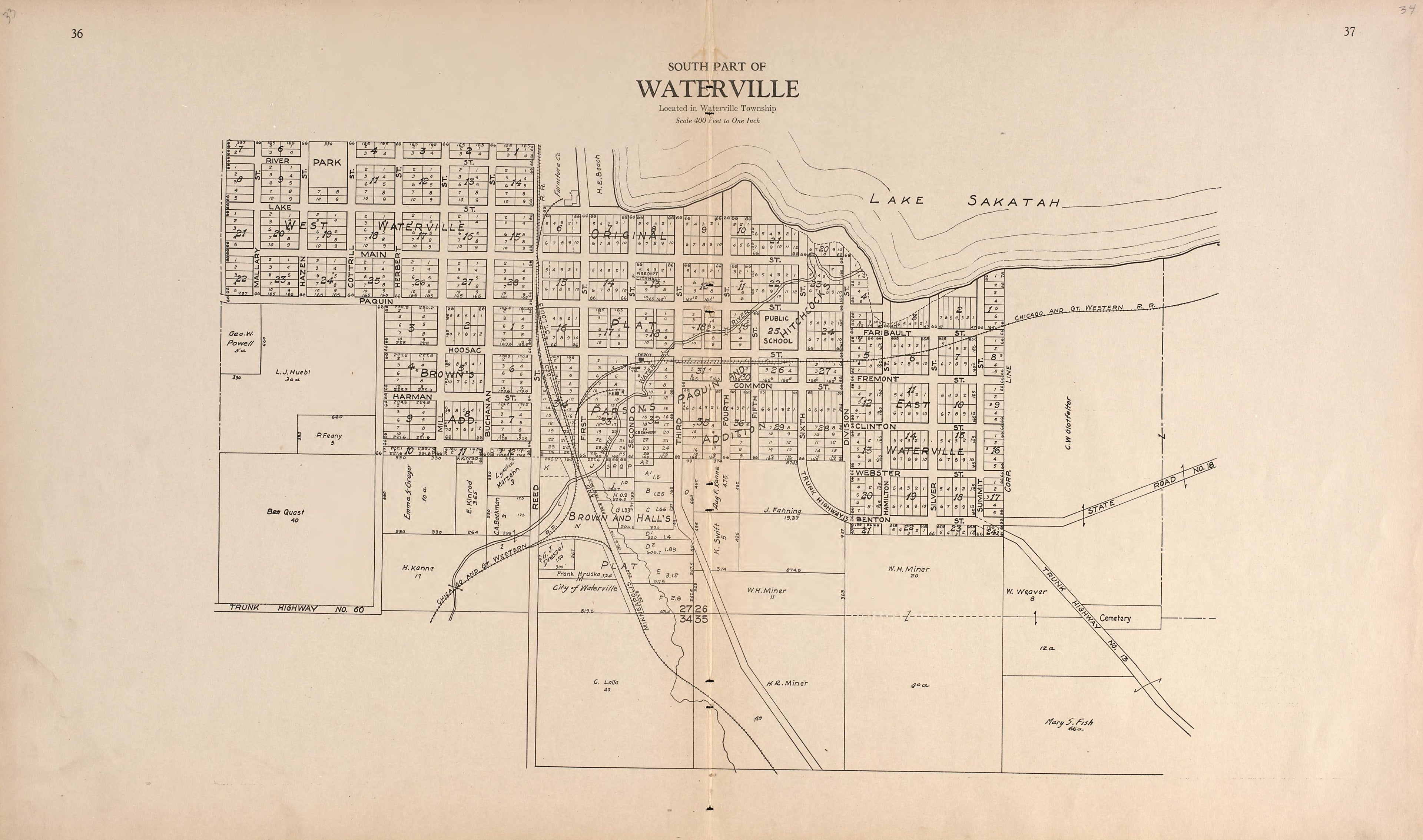 South Part of Waterville from Plat Book of Le Sueur County, Minnesota : Showing Township Plats, City and Village Plats, Sub-division Plats, County Map, Government Surveys, Patrons Directory, Minnesota History, County Officers, City and Village Officer... by Relic Map Company