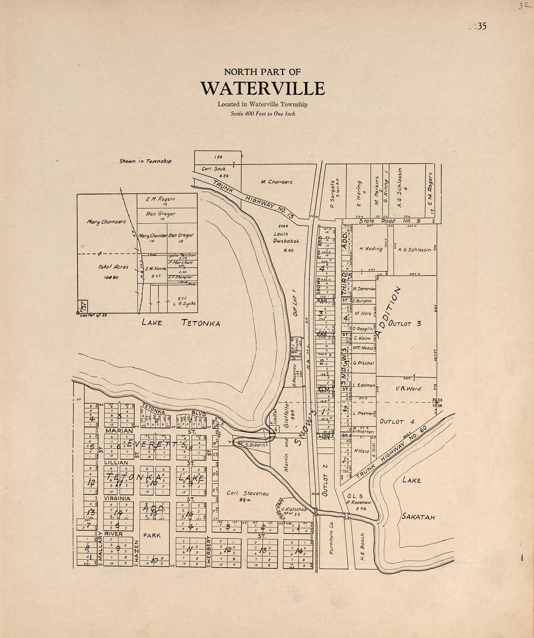 North Part of Waterville from Plat Book of Le Sueur County, Minnesota : Showing Township Plats, City and Village Plats, Sub-division Plats, County Map, Government Surveys, Patrons Directory, Minnesota History, County Officers, City and Village Officer... by Relic Map Company