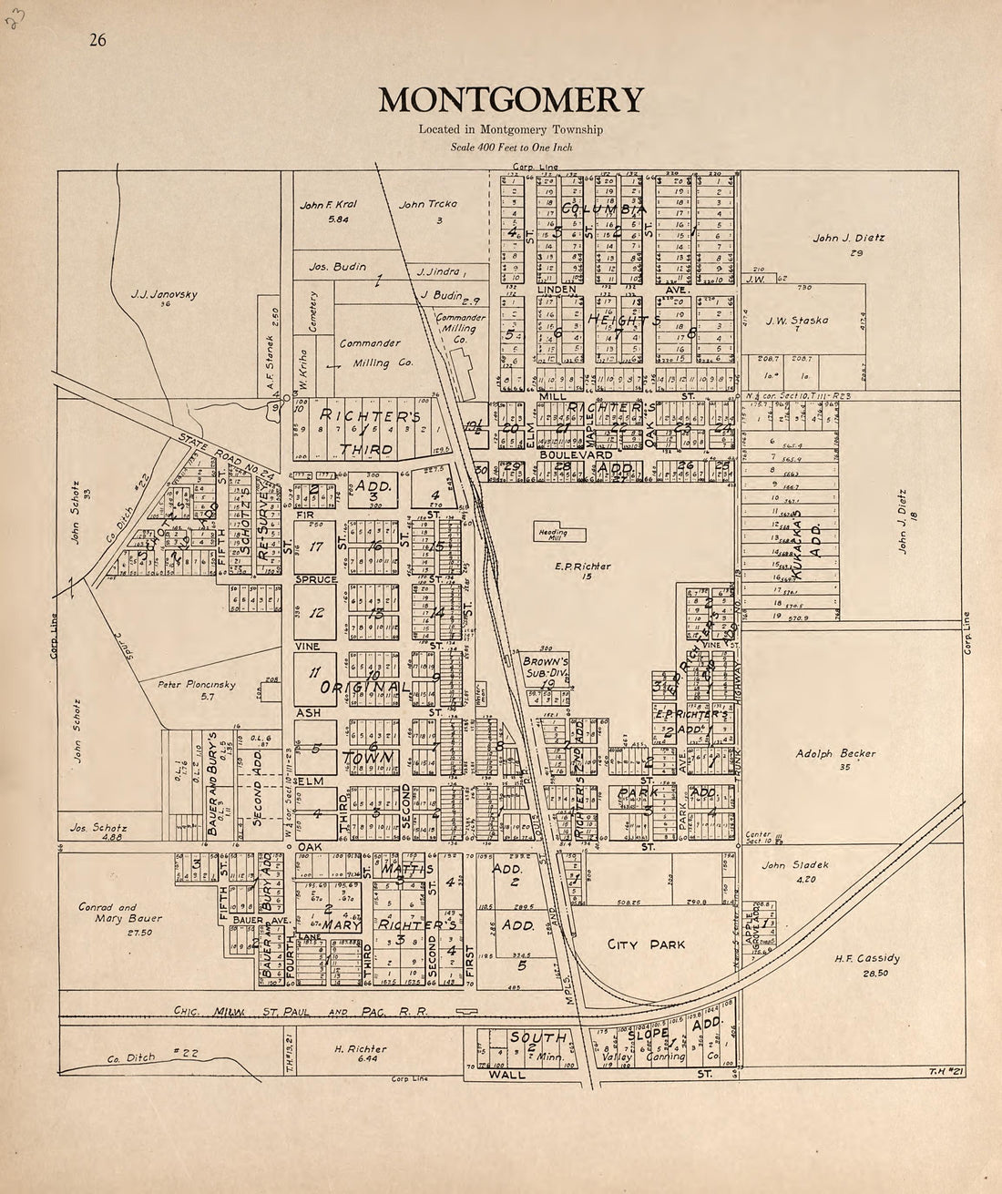 Montgomery from Plat Book of Le Sueur County, Minnesota : Showing Township Plats, City and Village Plats, Sub-division Plats, County Map, Government Surveys, Patrons Directory, Minnesota History, County Officers, City and Village Officers, Etc 1928 by Relic Map Company