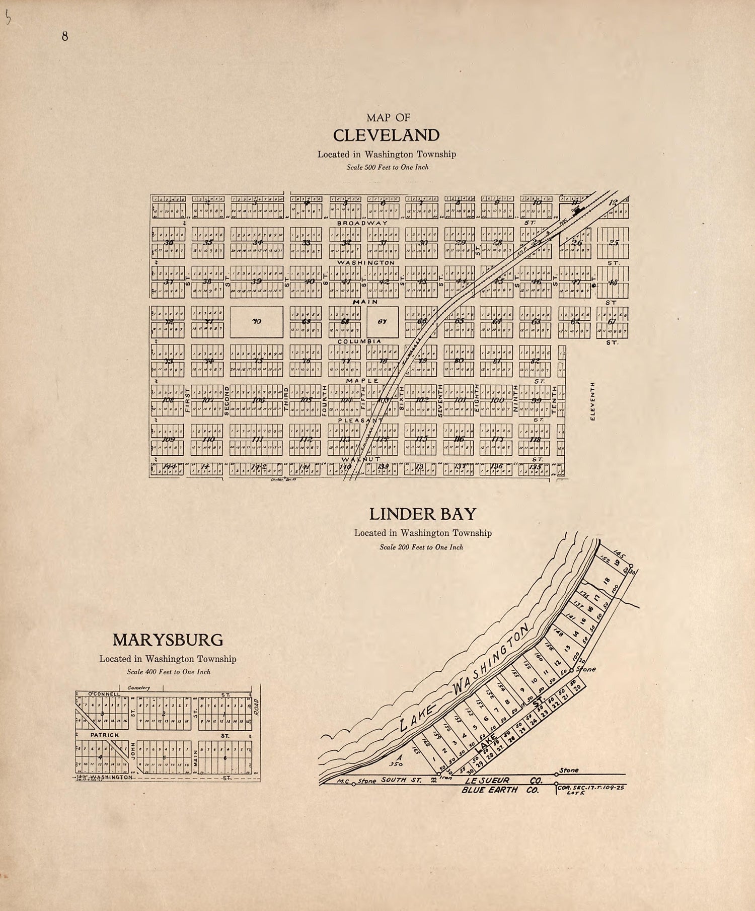 Map of Cleveland; Linder Bay; Marysburg from Plat Book of Le Sueur County, Minnesota : Showing Township Plats, City and Village Plats, Sub-division Plats, County Map, Government Surveys, Patrons Directory, Minnesota History, County Officers, City and ... by Relic Map Company