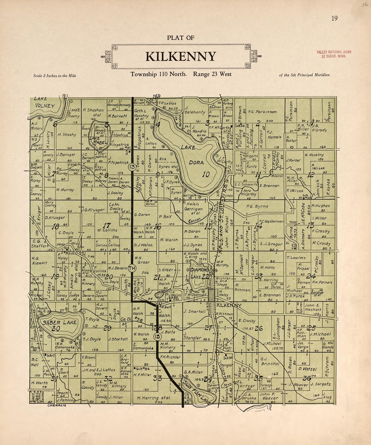 Plat of Kilkenny from Plat Book of Le Sueur County, Minnesota : Showing Township Plats, City and Village Plats, Sub-division Plats, County Map, Government Surveys, Patrons Directory, Minnesota History, County Officers, City and Village Officers, Etc 1928 by Relic Map Company
