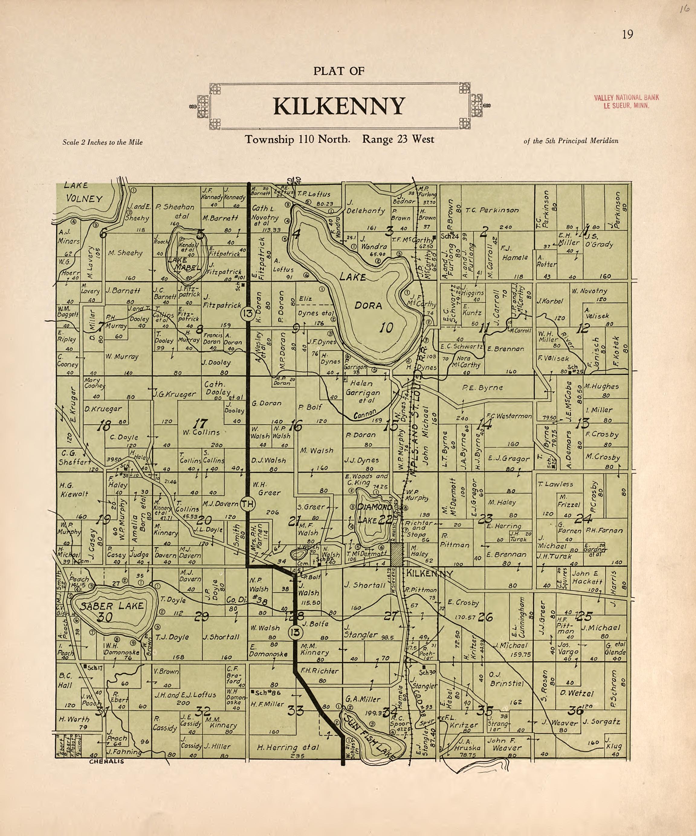 Plat of Kilkenny from Plat Book of Le Sueur County, Minnesota : Showing Township Plats, City and Village Plats, Sub-division Plats, County Map, Government Surveys, Patrons Directory, Minnesota History, County Officers, City and Village Officers, Etc 1928 by Relic Map Company