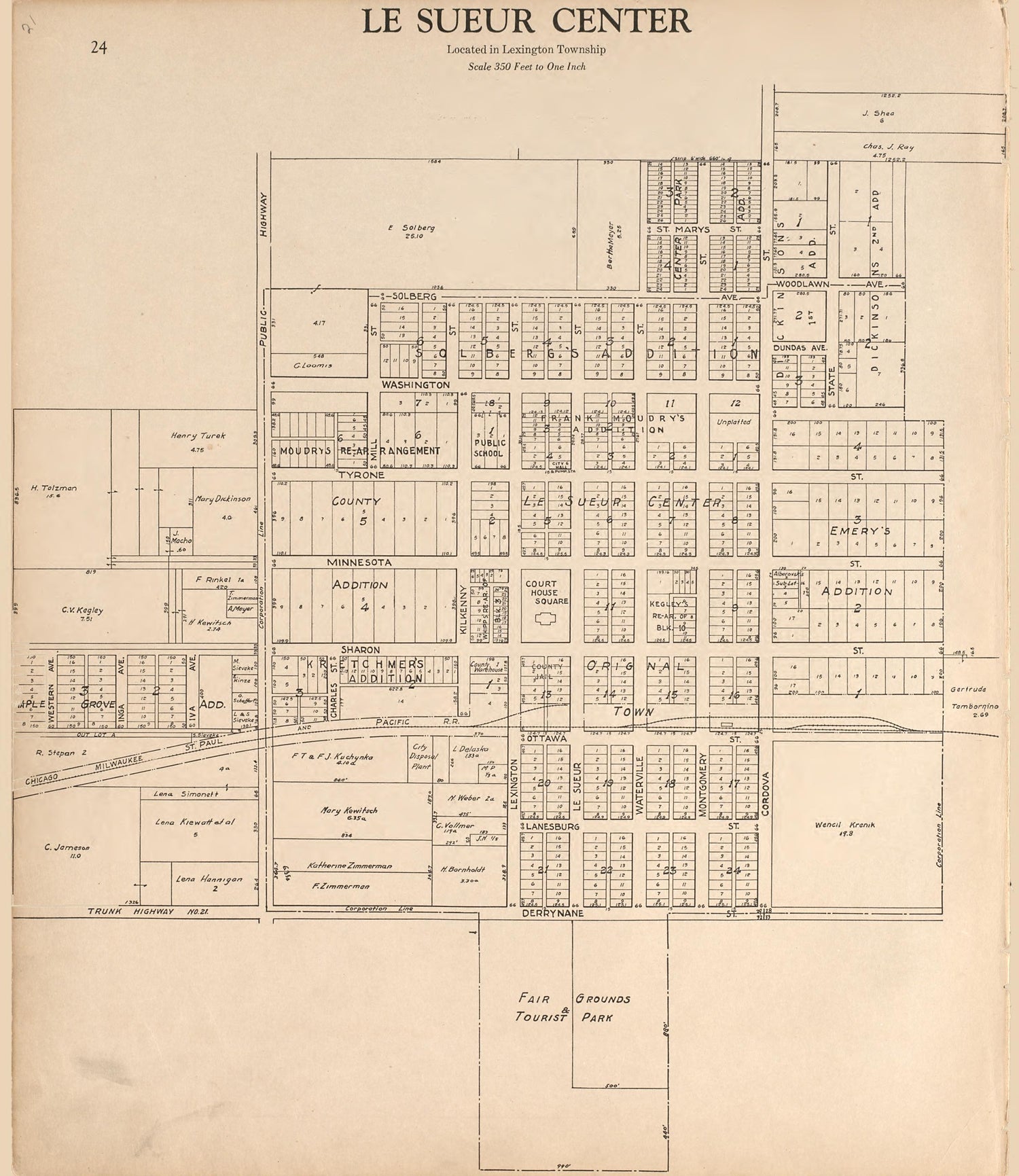 Le Sueur Center from Plat Book of Le Sueur County, Minnesota : Showing Township Plats, City and Village Plats, Sub-division Plats, County Map, Government Surveys, Patrons Directory, Minnesota History, County Officers, City and Village Officers, Etc 1928 by Relic Map Company