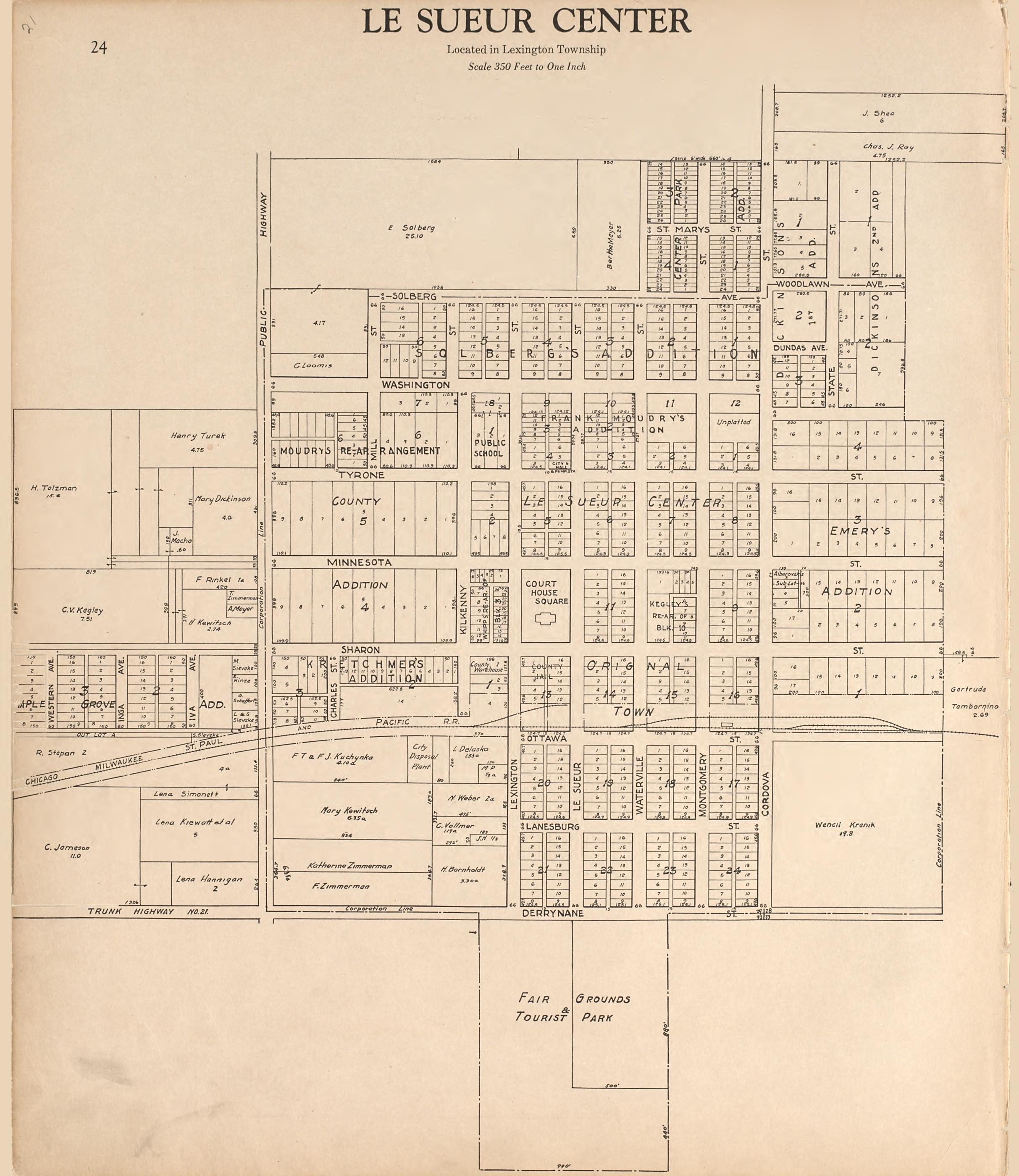 Le Sueur Center from Plat Book of Le Sueur County, Minnesota : Showing Township Plats, City and Village Plats, Sub-division Plats, County Map, Government Surveys, Patrons Directory, Minnesota History, County Officers, City and Village Officers, Etc 1928 by Relic Map Company