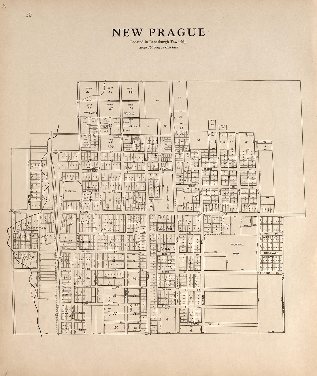 New Prague from Plat Book of Le Sueur County, Minnesota : Showing Township Plats, City and Village Plats, Sub-division Plats, County Map, Government Surveys, Patrons Directory, Minnesota History, County Officers, City and Village Officers, Etc 1928 by Relic Map Company