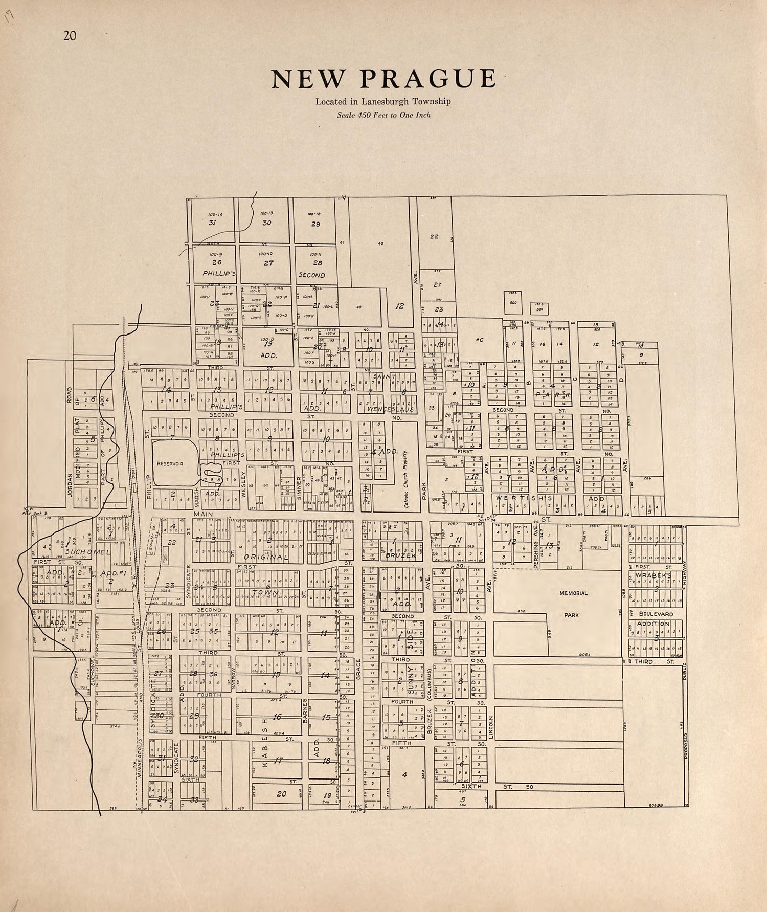 New Prague from Plat Book of Le Sueur County, Minnesota : Showing Township Plats, City and Village Plats, Sub-division Plats, County Map, Government Surveys, Patrons Directory, Minnesota History, County Officers, City and Village Officers, Etc 1928 by Relic Map Company
