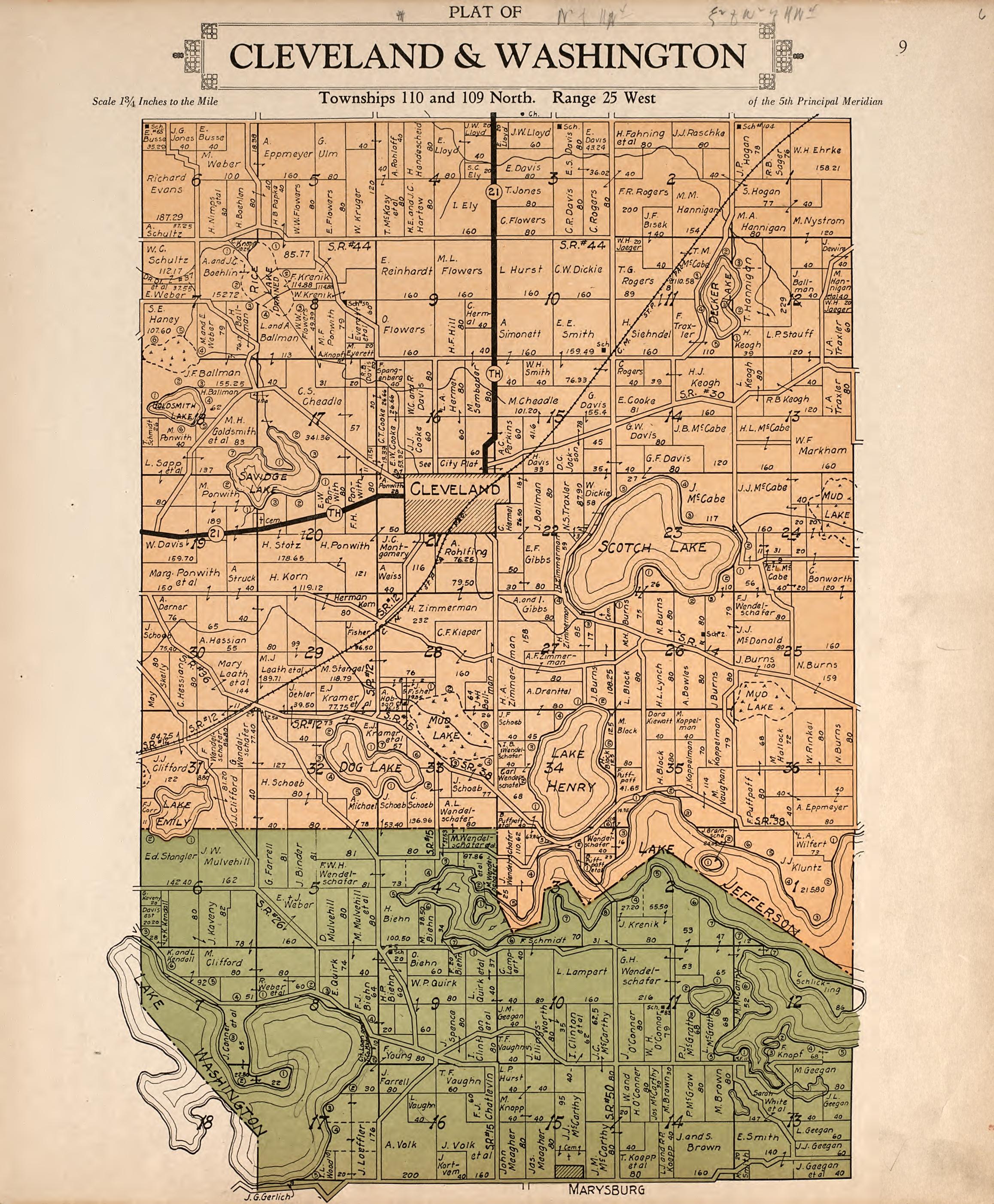 Plat of Cleveland and Washington from Plat Book of Le Sueur County, Minnesota : Showing Township Plats, City and Village Plats, Sub-division Plats, County Map, Government Surveys, Patrons Directory, Minnesota History, County Officers, City and Village... by Relic Map Company