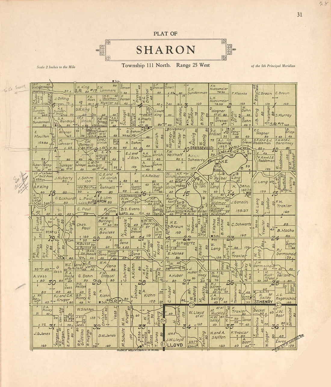 Plat of Sharon from Plat Book of Le Sueur County, Minnesota : Showing Township Plats, City and Village Plats, Sub-division Plats, County Map, Government Surveys, Patrons Directory, Minnesota History, County Officers, City and Village Officers, Etc 1928 by Relic Map Company