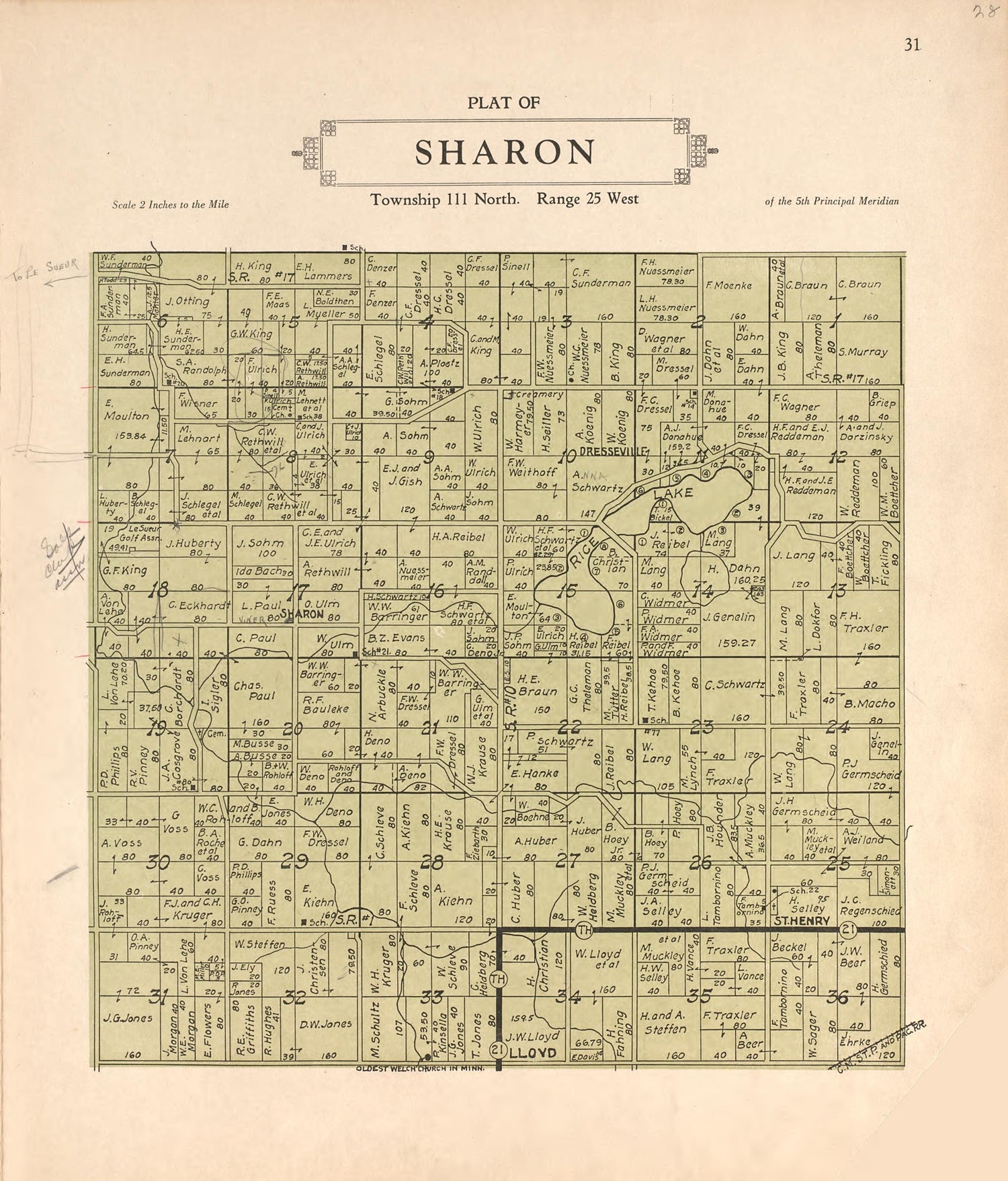 Plat of Sharon from Plat Book of Le Sueur County, Minnesota : Showing Township Plats, City and Village Plats, Sub-division Plats, County Map, Government Surveys, Patrons Directory, Minnesota History, County Officers, City and Village Officers, Etc 1928 by Relic Map Company