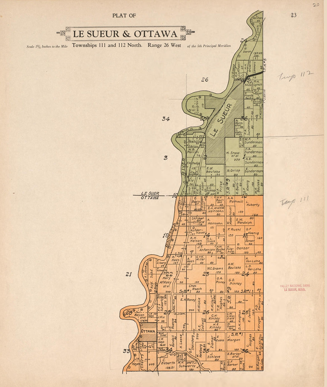 Plat of Le Sueur and Ottowa from Plat Book of Le Sueur County, Minnesota : Showing Township Plats, City and Village Plats, Sub-division Plats, County Map, Government Surveys, Patrons Directory, Minnesota History, County Officers, City and Village Offi... by Relic Map Company