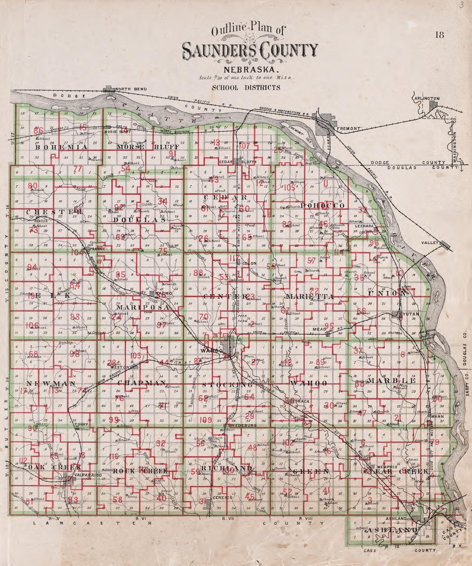 Outline Plan of Saunders County, NE School Districts from Plat Book of Saunders County, Nebraska : Containing Carefully Prepared Township Plats, Village Plats, Analysis of U.S. Land System, Leading Farmers Directory : Illustrated 1907 by Relic Map Company