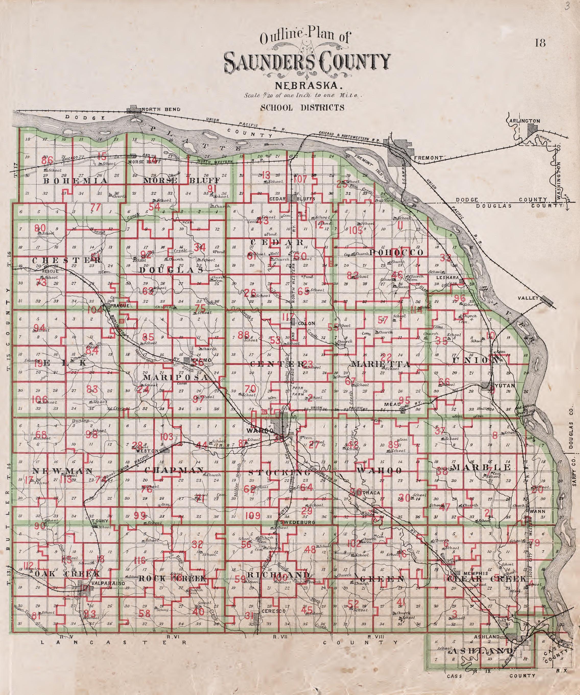 Outline Plan of Saunders County, NE School Districts from Plat Book of Saunders County, Nebraska : Containing Carefully Prepared Township Plats, Village Plats, Analysis of U.S. Land System, Leading Farmers Directory : Illustrated 1907 by Relic Map Company
