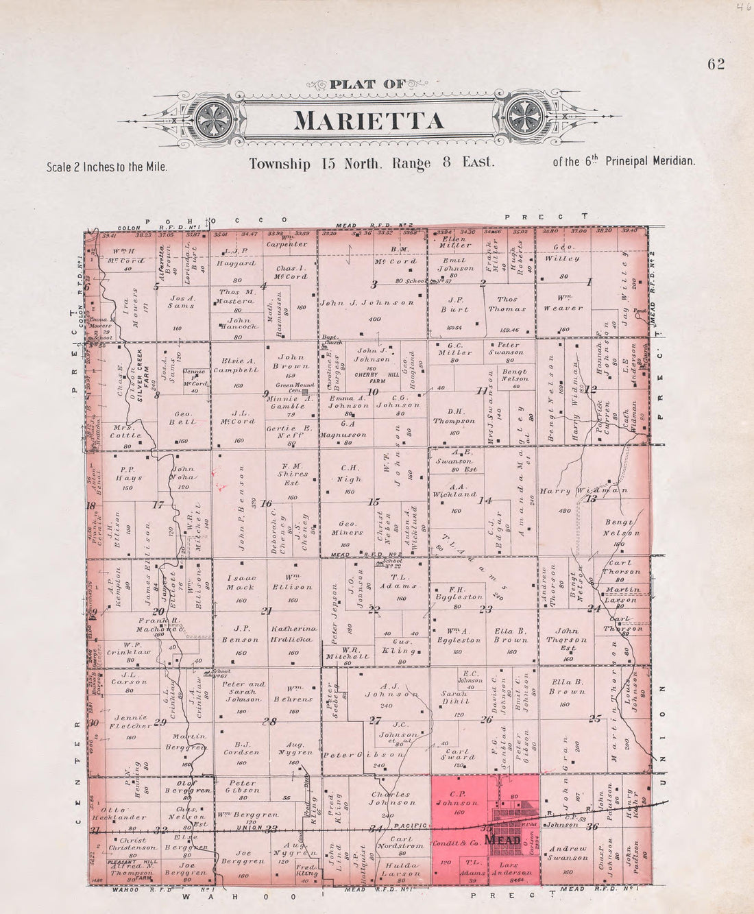 Marietta from Plat Book of Saunders County, Nebraska : Containing Carefully Prepared Township Plats, Village Plats, Analysis of U.S. Land System, Leading Farmers Directory : Illustrated 1907 by Relic Map Company