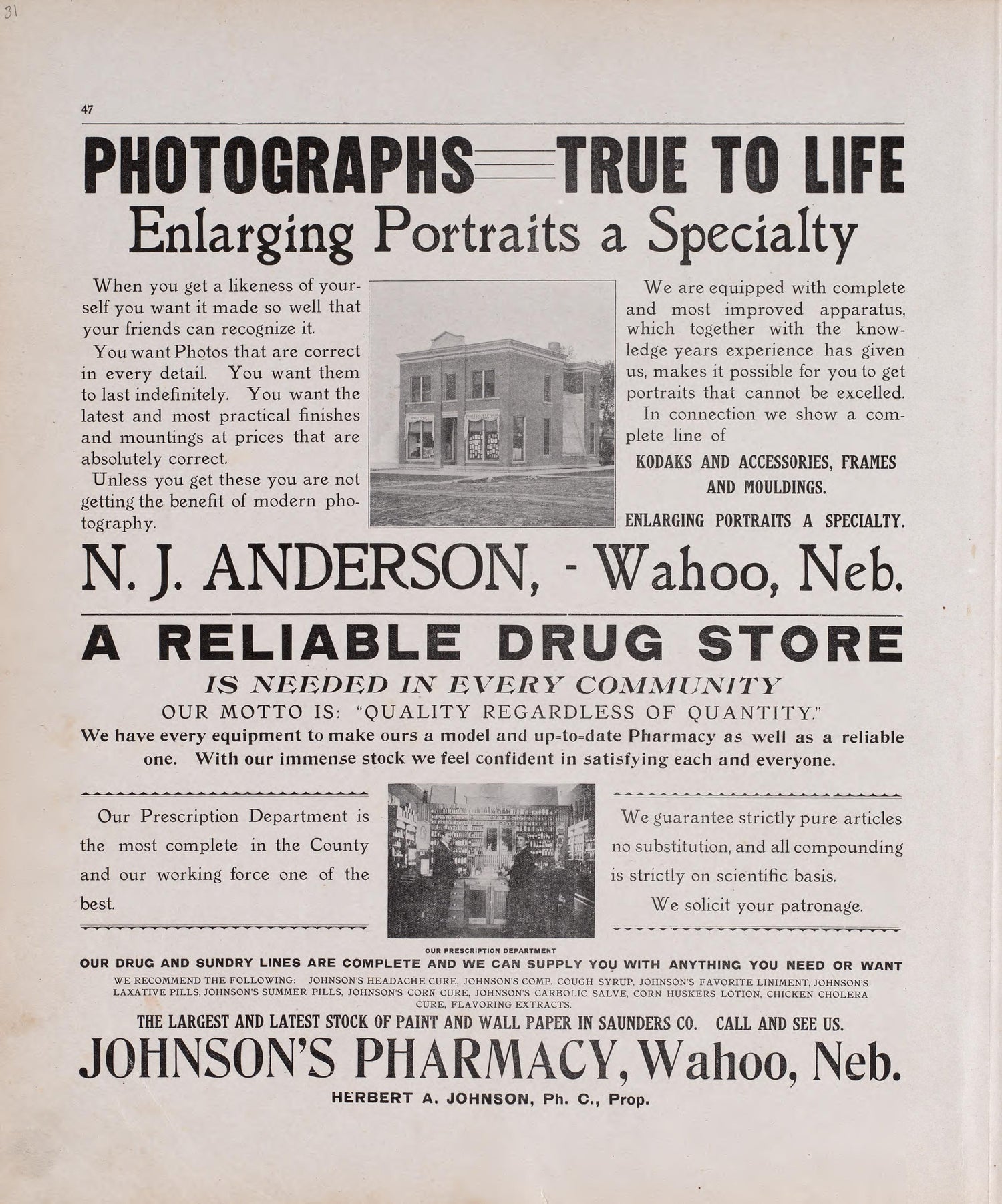 Photographs, True to Life; a Reliable Drug Store from Plat Book of Saunders County, Nebraska : Containing Carefully Prepared Township Plats, Village Plats, Analysis of U.S. Land System, Leading Farmers Directory : Illustrated 1907 by Relic Map Company