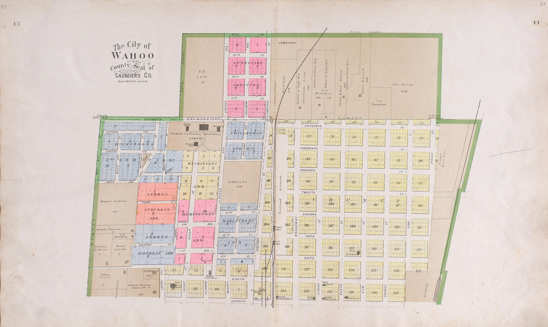 City of Wahoo, County Seat of Saunders County, NE from Plat Book of Saunders County, Nebraska : Containing Carefully Prepared Township Plats, Village Plats, Analysis of U.S. Land System, Leading Farmers Directory : Illustrated 1907 by Relic Map Company