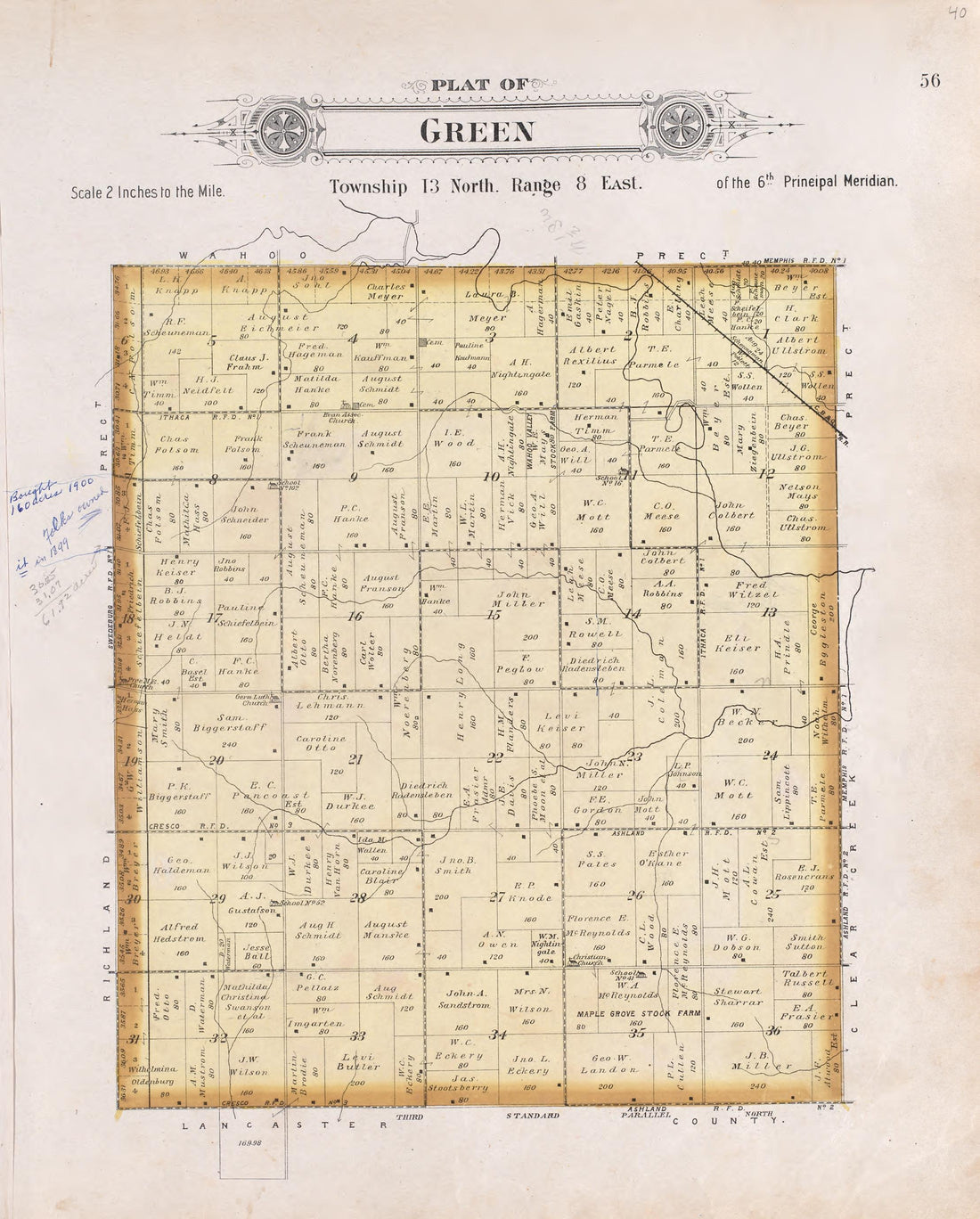 Green from Plat Book of Saunders County, Nebraska : Containing Carefully Prepared Township Plats, Village Plats, Analysis of U.S. Land System, Leading Farmers Directory : Illustrated 1907 by Relic Map Company