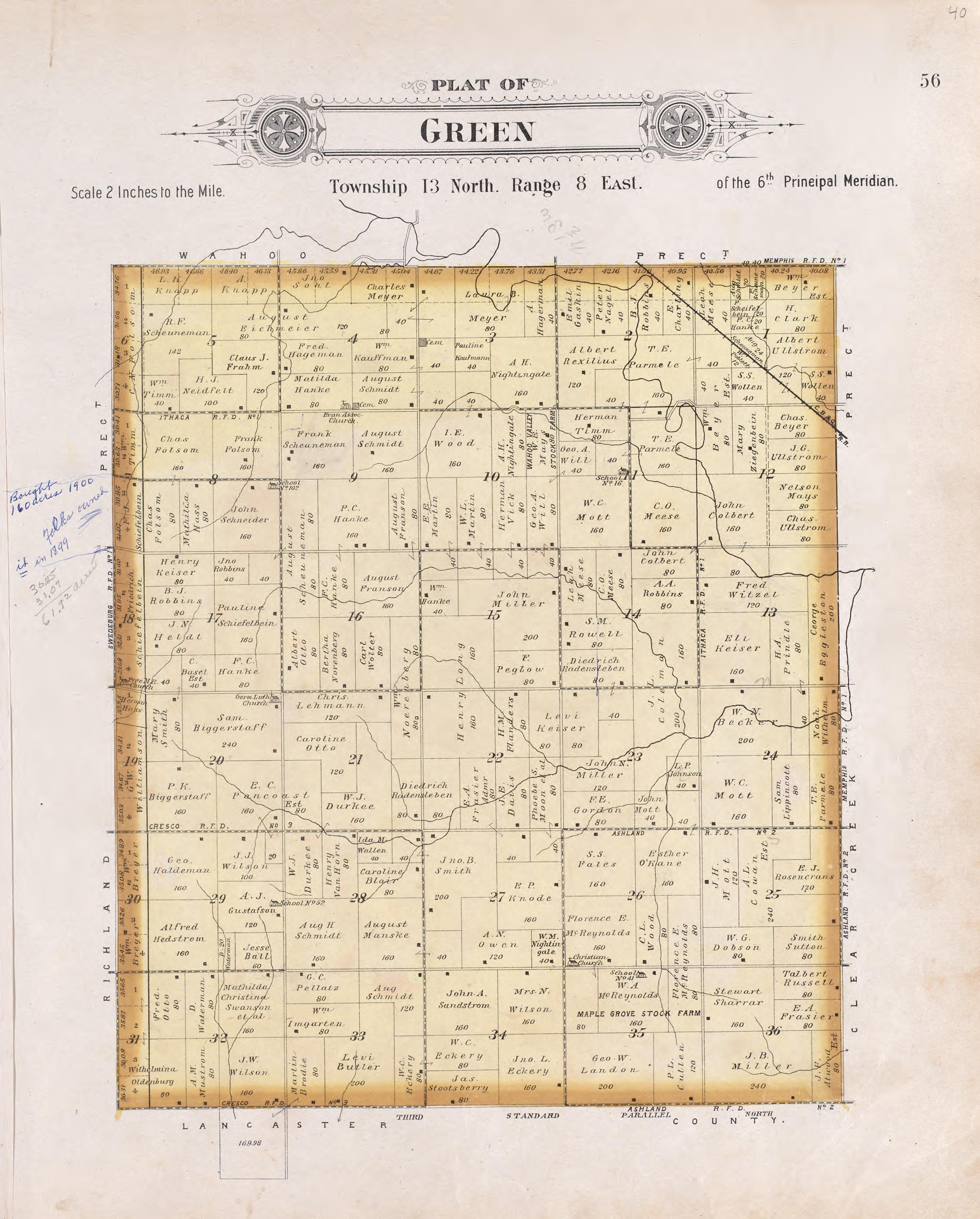Green from Plat Book of Saunders County, Nebraska : Containing Carefully Prepared Township Plats, Village Plats, Analysis of U.S. Land System, Leading Farmers Directory : Illustrated 1907 by Relic Map Company