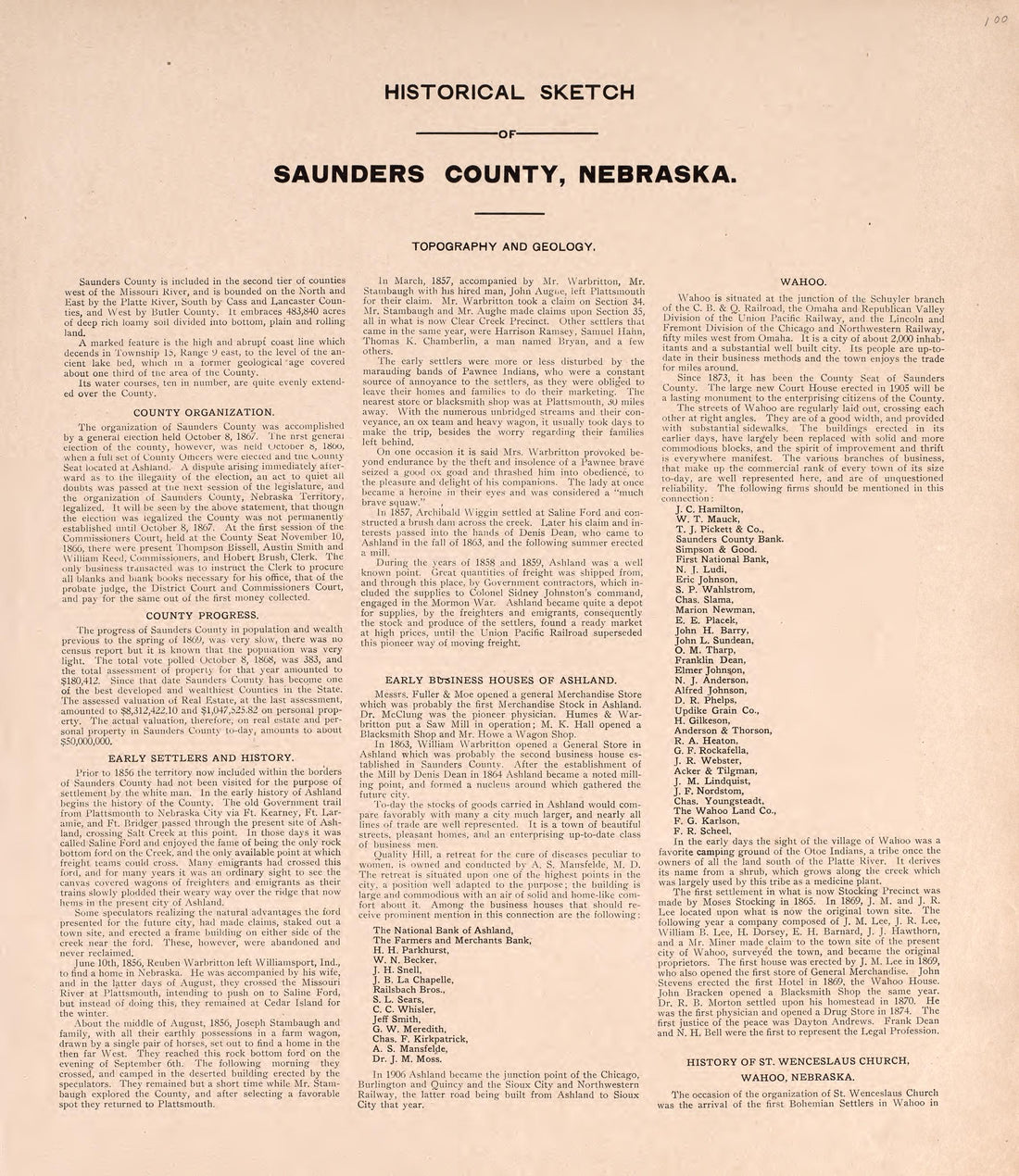 Historical Sketch, Saunders County, NE from Plat Book of Saunders County, Nebraska : Containing Carefully Prepared Township Plats, Village Plats, Analysis of U.S. Land System, Leading Farmers Directory : Illustrated 1907 by Relic Map Company