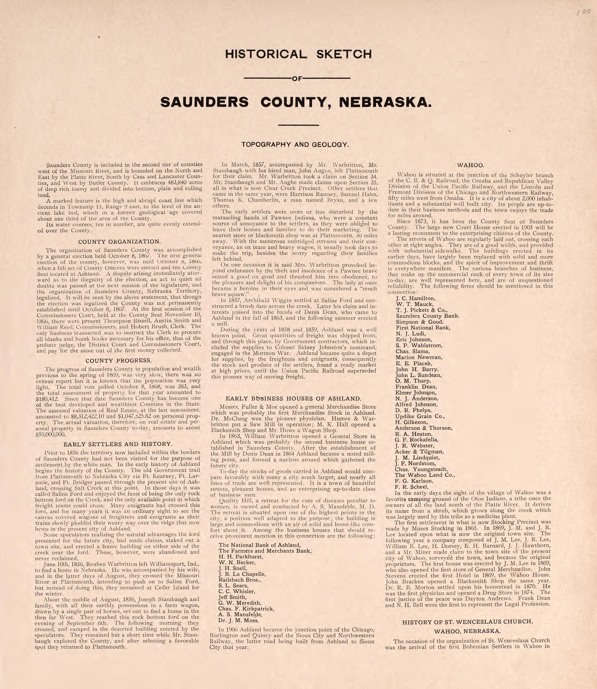 Historical Sketch, Saunders County, NE from Plat Book of Saunders County, Nebraska : Containing Carefully Prepared Township Plats, Village Plats, Analysis of U.S. Land System, Leading Farmers Directory : Illustrated 1907 by Relic Map Company