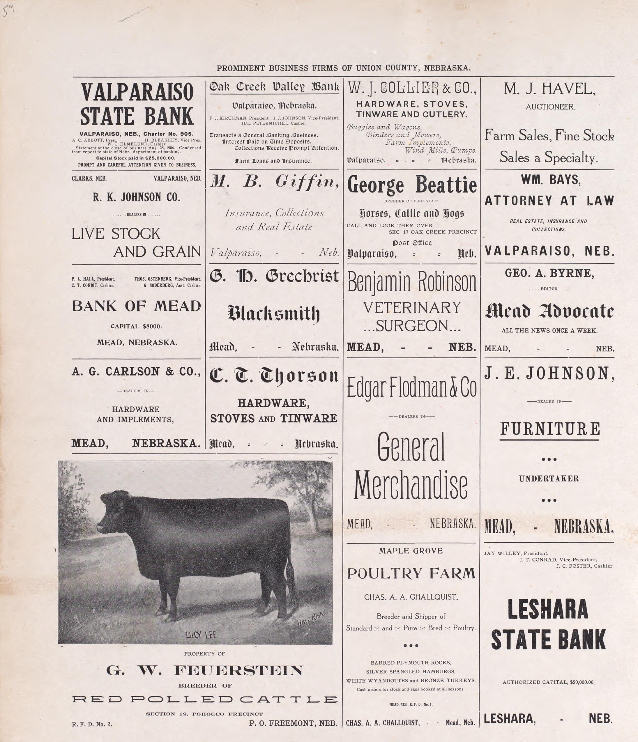 Prominent Business Firms of Union City, NE from Plat Book of Saunders County, Nebraska : Containing Carefully Prepared Township Plats, Village Plats, Analysis of U.S. Land System, Leading Farmers Directory : Illustrated 1907 by Relic Map Company