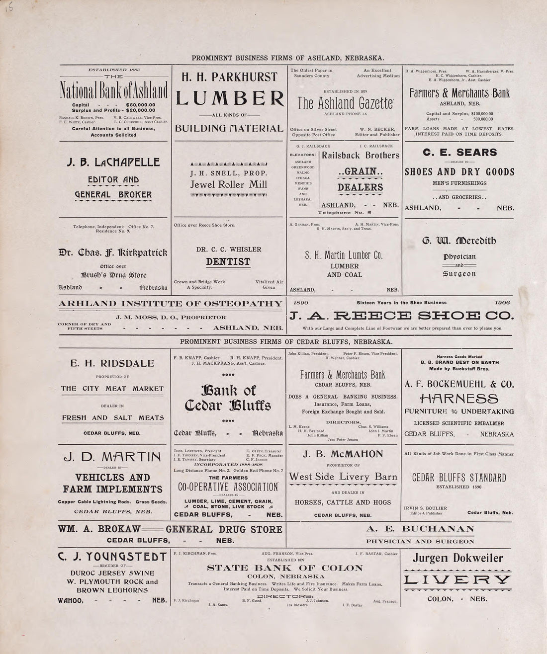 Prominent Businesses of Ashland, NE from Plat Book of Saunders County, Nebraska : Containing Carefully Prepared Township Plats, Village Plats, Analysis of U.S. Land System, Leading Farmers Directory : Illustrated 1907 by Relic Map Company