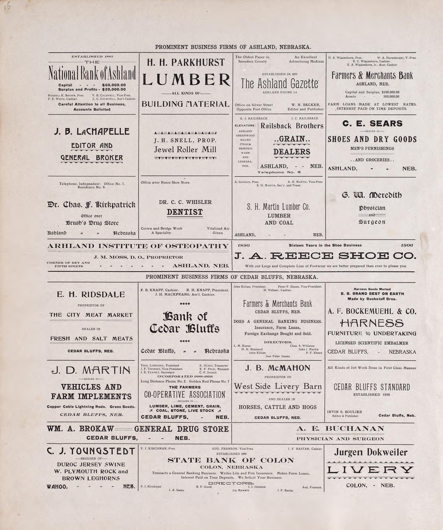 Prominent Businesses of Ashland, NE from Plat Book of Saunders County, Nebraska : Containing Carefully Prepared Township Plats, Village Plats, Analysis of U.S. Land System, Leading Farmers Directory : Illustrated 1907 by Relic Map Company