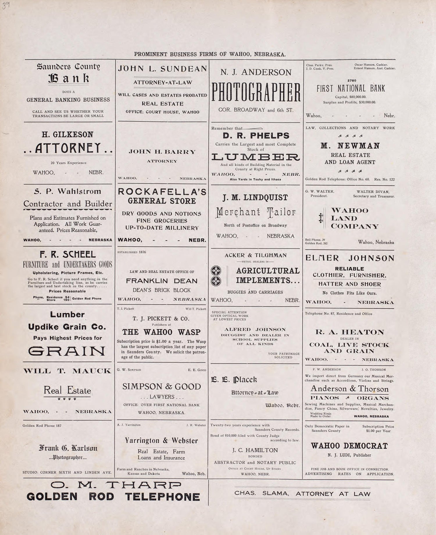 Prominent Business Firms of Wahoo, NE from Plat Book of Saunders County, Nebraska : Containing Carefully Prepared Township Plats, Village Plats, Analysis of U.S. Land System, Leading Farmers Directory : Illustrated 1907 by Relic Map Company