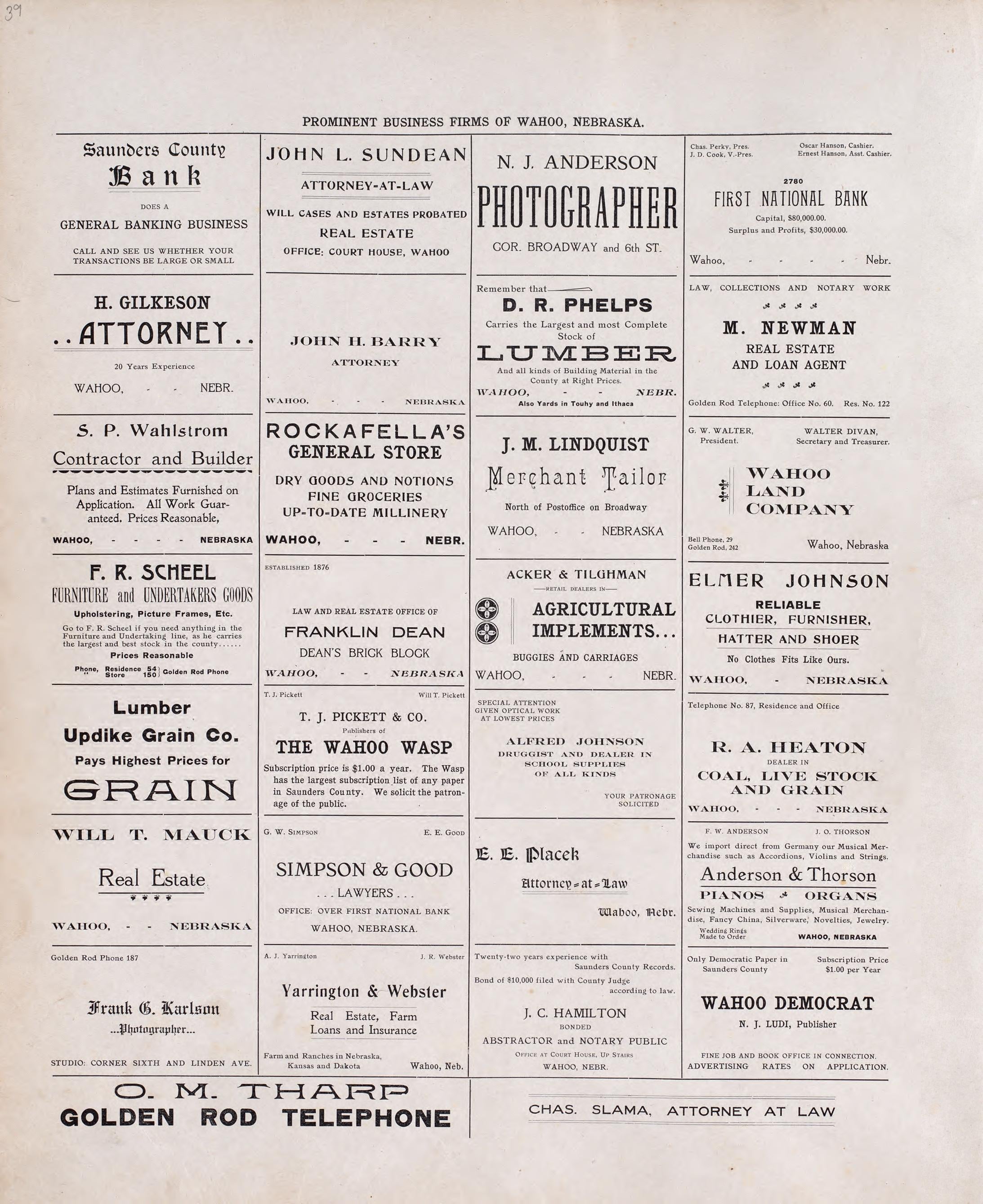 Prominent Business Firms of Wahoo, NE from Plat Book of Saunders County, Nebraska : Containing Carefully Prepared Township Plats, Village Plats, Analysis of U.S. Land System, Leading Farmers Directory : Illustrated 1907 by Relic Map Company