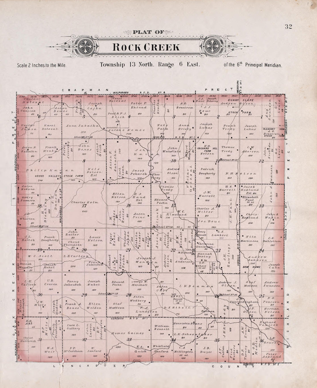 Rock Creek from Plat Book of Saunders County, Nebraska : Containing Carefully Prepared Township Plats, Village Plats, Analysis of U.S. Land System, Leading Farmers Directory : Illustrated 1907 by Relic Map Company