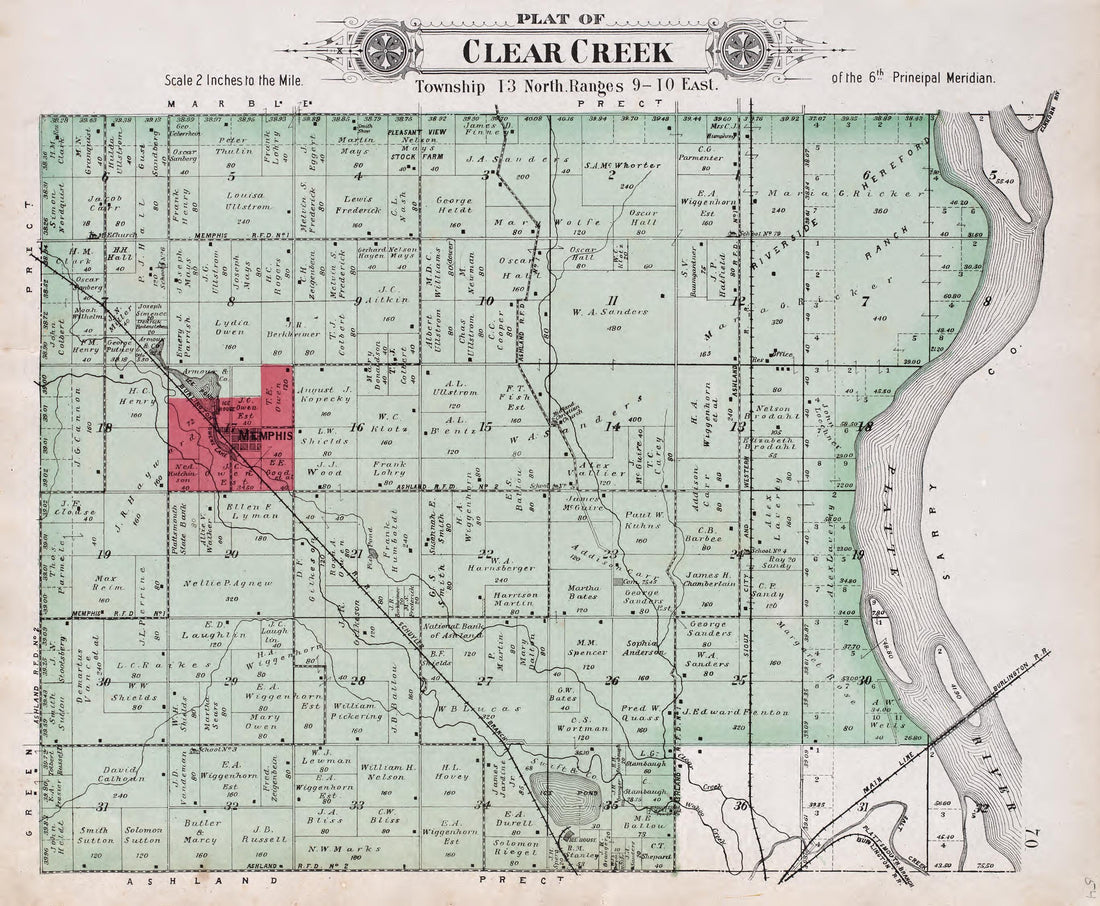 Clear Creek from Plat Book of Saunders County, Nebraska : Containing Carefully Prepared Township Plats, Village Plats, Analysis of U.S. Land System, Leading Farmers Directory : Illustrated 1907 by Relic Map Company