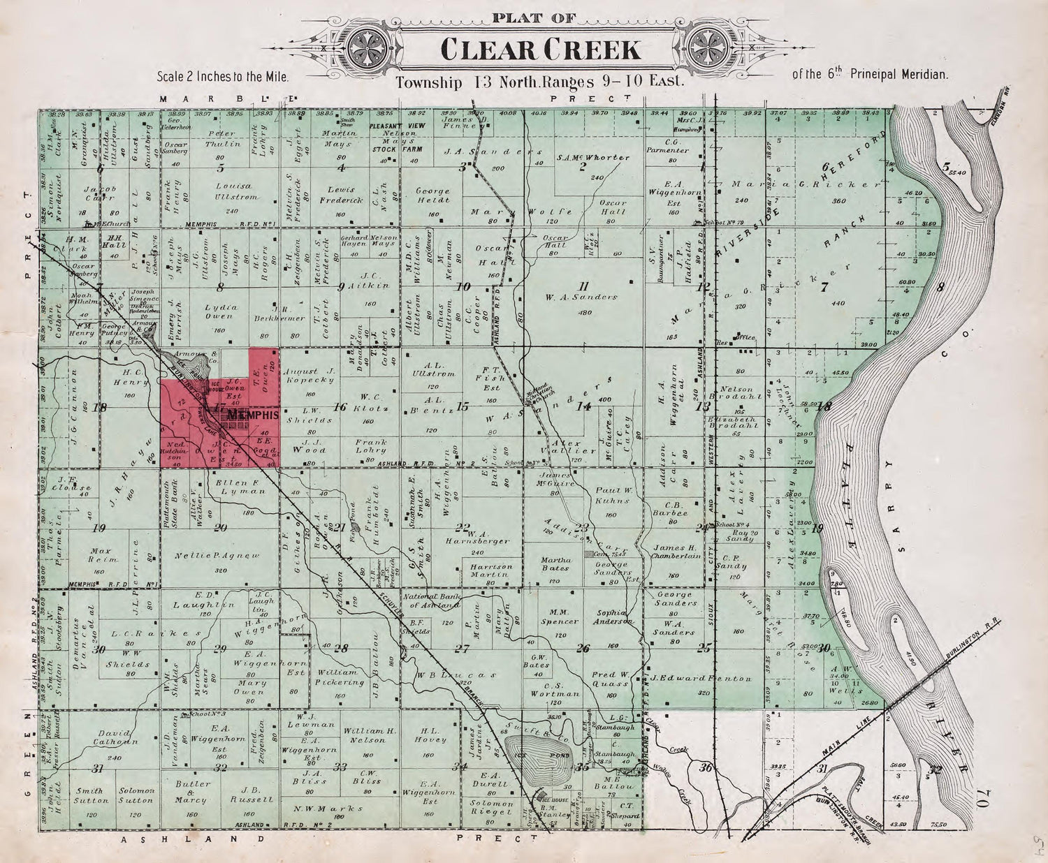 Clear Creek from Plat Book of Saunders County, Nebraska : Containing Carefully Prepared Township Plats, Village Plats, Analysis of U.S. Land System, Leading Farmers Directory : Illustrated 1907 by Relic Map Company