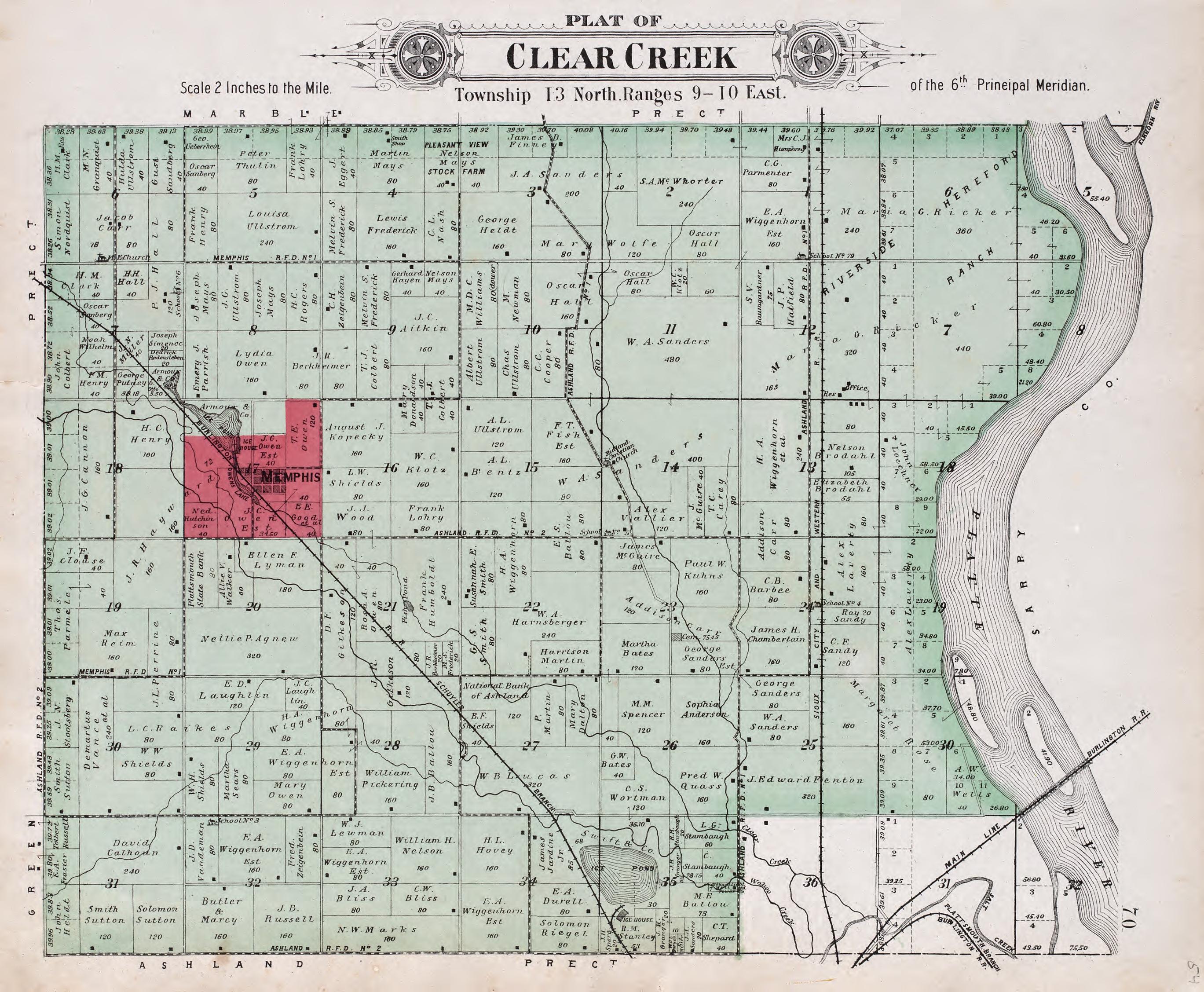 Clear Creek from Plat Book of Saunders County, Nebraska : Containing Carefully Prepared Township Plats, Village Plats, Analysis of U.S. Land System, Leading Farmers Directory : Illustrated 1907 by Relic Map Company