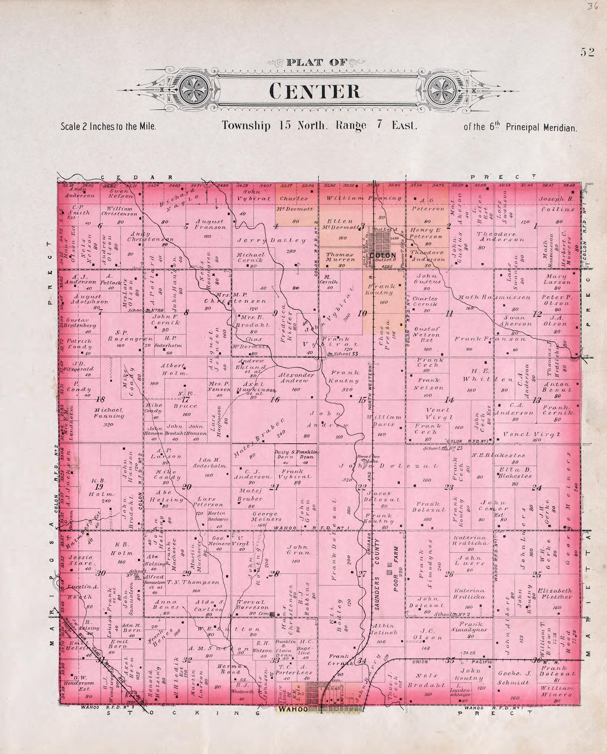 Center from Plat Book of Saunders County, Nebraska : Containing Carefully Prepared Township Plats, Village Plats, Analysis of U.S. Land System, Leading Farmers Directory : Illustrated 1907 by Relic Map Company