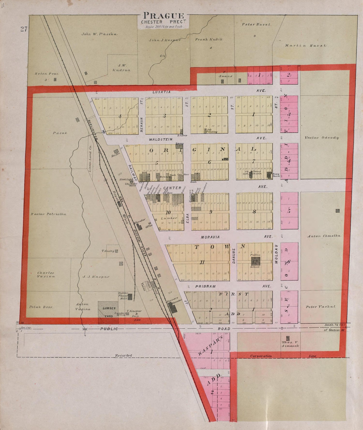 Prague from Plat Book of Saunders County, Nebraska : Containing Carefully Prepared Township Plats, Village Plats, Analysis of U.S. Land System, Leading Farmers Directory : Illustrated 1907 by Relic Map Company