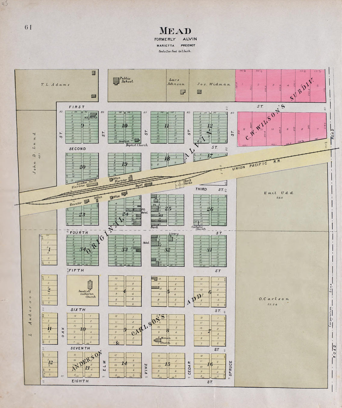 Mead from Plat Book of Saunders County, Nebraska : Containing Carefully Prepared Township Plats, Village Plats, Analysis of U.S. Land System, Leading Farmers Directory : Illustrated 1907 by Relic Map Company